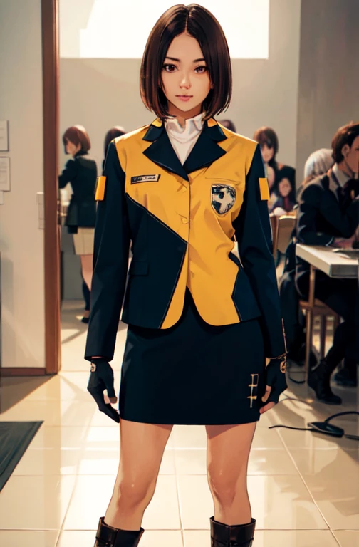  super detailed, masterpiece,  top quality, Alone,  cowboy shot leading to the climax, 
 Jasmine Decca, fingerless  gloves, bracelet , short hair,  Long Sleeve , jacket,pencil  skirt, boots,uniform,  skirt,  brown eyes,  gloves, Brown Hair,  brown eyes,