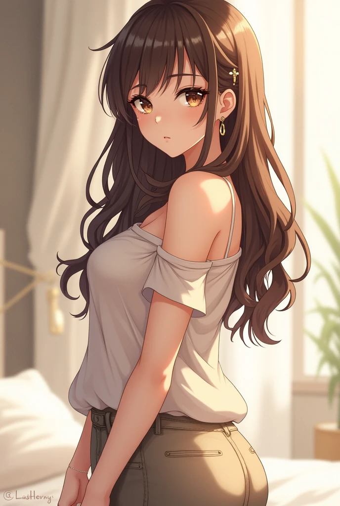 girl brown hair light blue eyes and nightwear in the dining room 