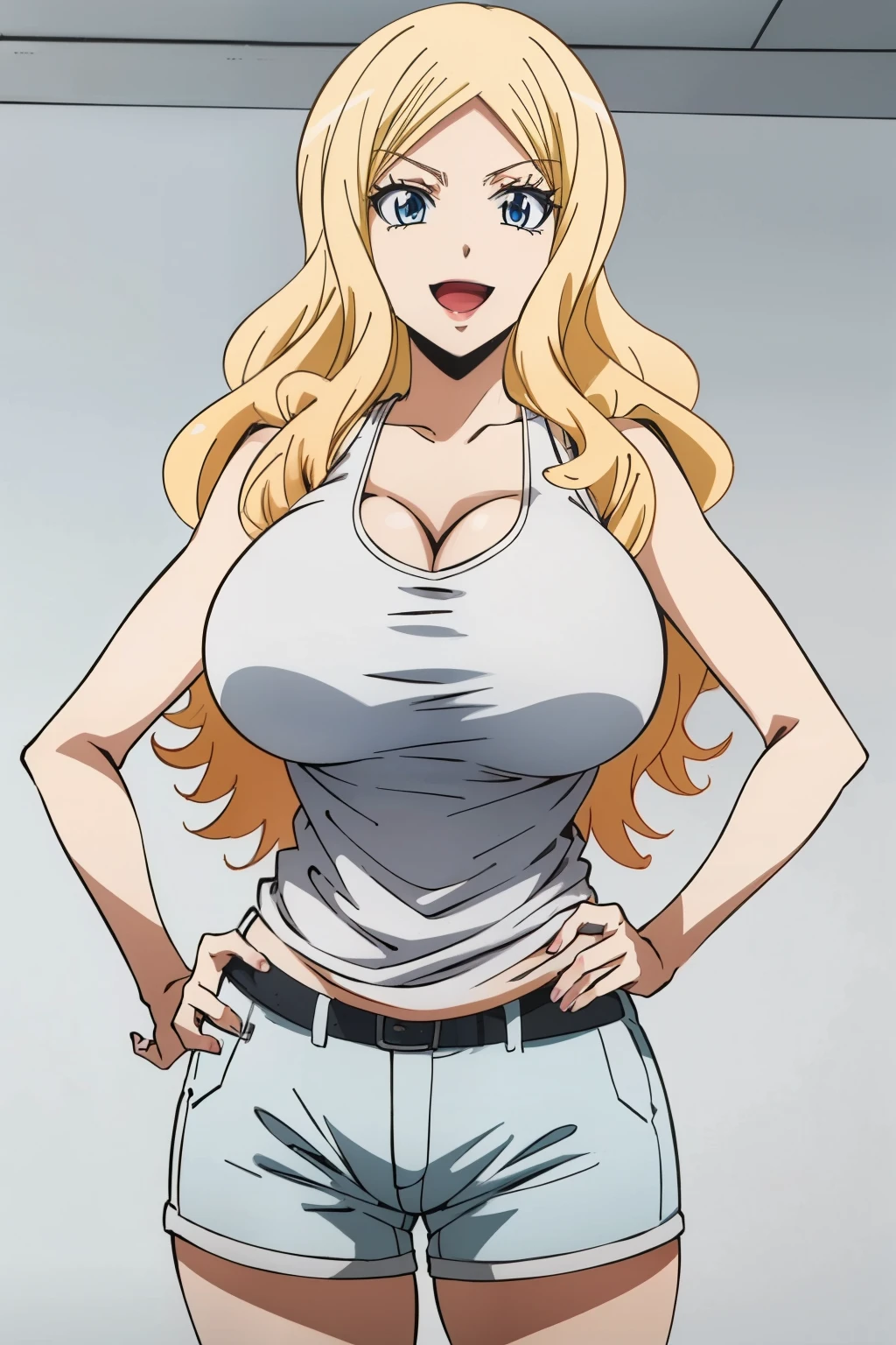 anime screencap, (((huge tits  ))) , upperbody, hands on hip, masterpiece, best quality, high resolution, 2D, anime cels, best quality, high resolution, 1girl, irina, ((white tank top, short pants)), white background, long curly hair,  blonde, smile, looking away, open mouth, lipstick 