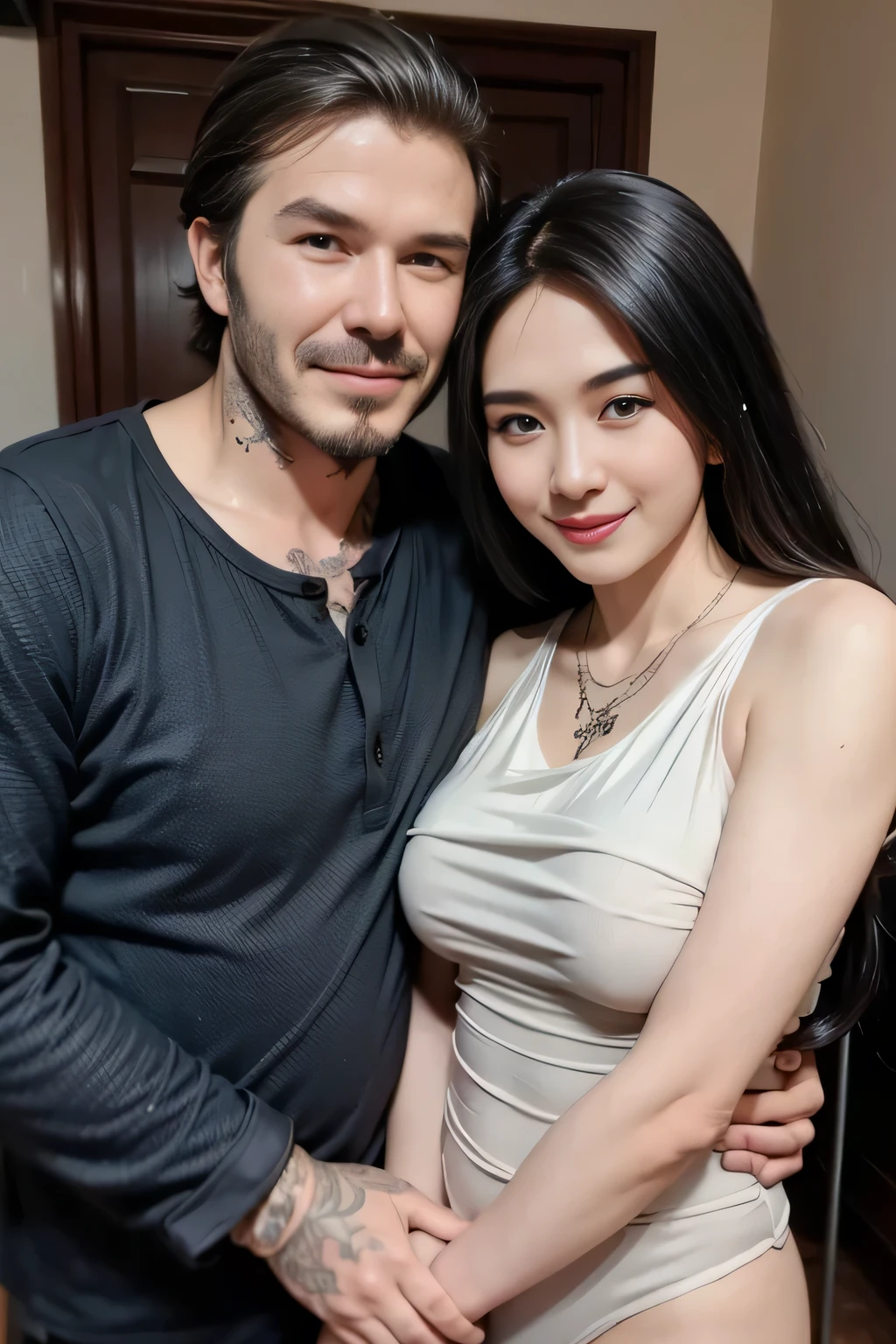 An old man(David Beckham) and a young woman(Indonesian woman), age difference, age difference, giant size, 50 year old man, long white beard, smiley face, hairy body, naked, exposed dick  , hugging, kissing, sexy young girl 18, naked, exposed pussy, long black hairstyle, face flushed with embarrassment, sexual position, kissing, a black-haired old man, a girl  young girl, in bed, detailed face, realistic, realistic, big breasts, (woman breasts tattoos).