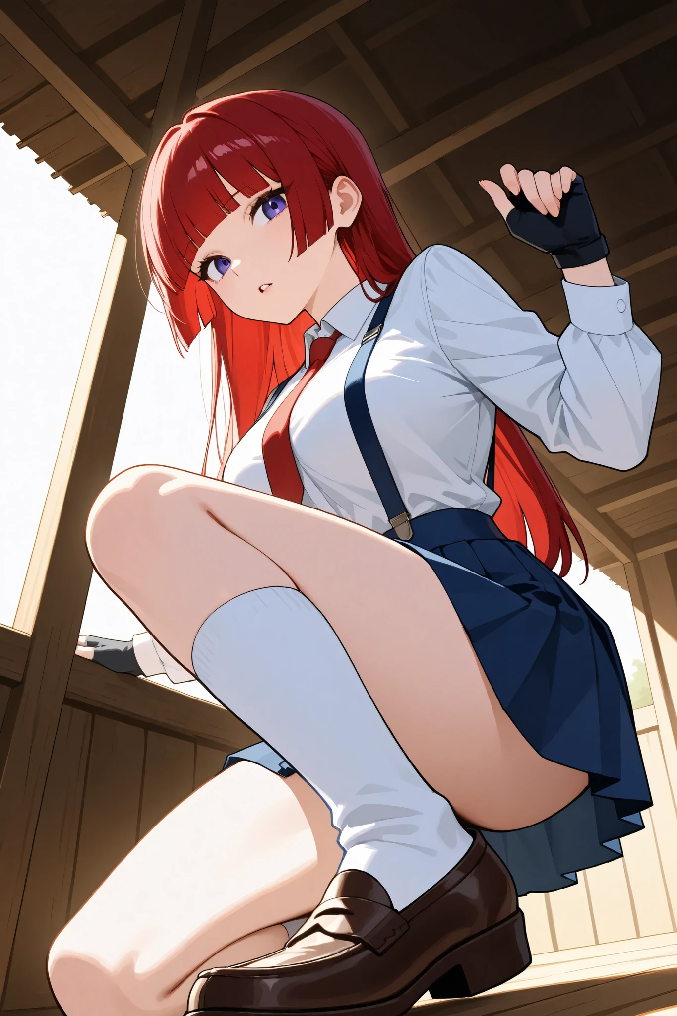 1girl, action、fight、Female criminal、low-angle view ,side view、 adult woman、blue suspenders, blue Pleated Miniskirt,white Long sleeve white blouse, loafers,black fingerless gloves,Red tie,White socks,Straight hair,Long hair ,Red Hair, blunt bangs,hand、stable_Yogis_Animetoon_Negatives