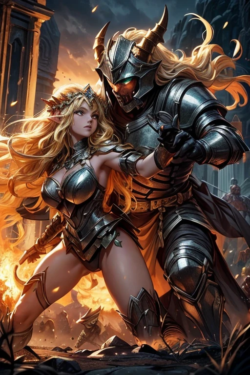 (High quality, masterpiece) Elf queen battling a giant orc king,  blond hair, Curly hair, battlefield,  flames and ashes ,  correct anatomy, structural body, dressed in armor, Angulo Traseiro 