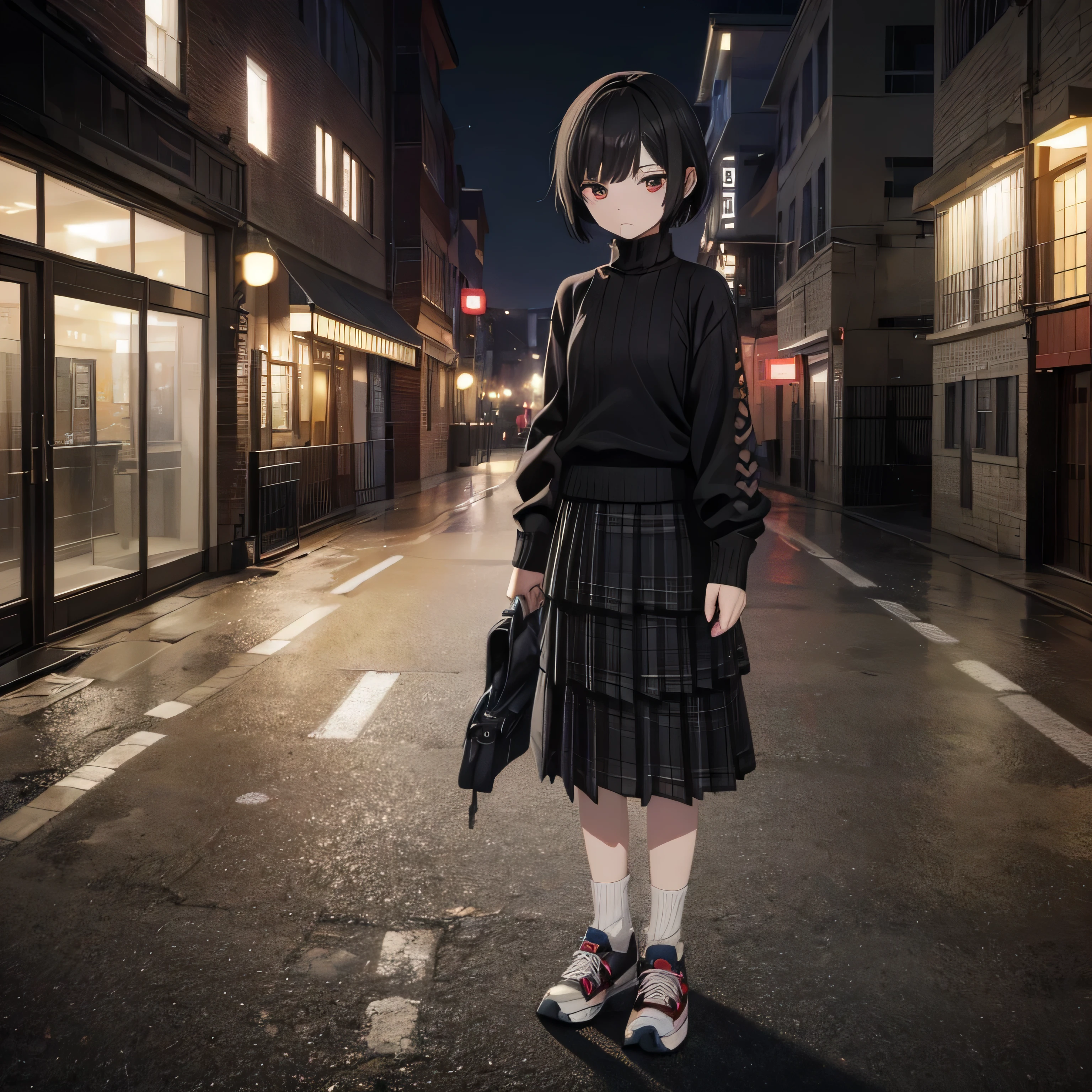 Inside the street,one 1 boy,fem boy,((crossdresser)),black short hair,slender body,((full body)),displeased,sulky,((flat chest)),((ribbed sweater)),((layered skirt)),((maxi length checkered skirt)),((socks)),((sneaker)),4K, 8k, High resolution, masterpiece:1.2, Very detailed, Realistic, photoRealistic, photo-Realistic:1.37, High resolution, High resolution, Studio Lighting, Ultra-fine painting, Sharp focus, Physically Based Rendering, Very detailed explanation, Professional, Vibrant colors, bokeh