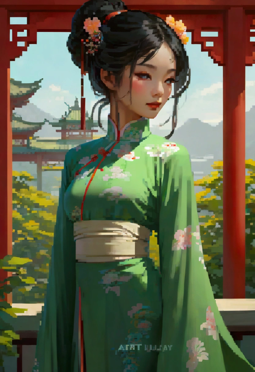  samdoesarts style award winning portrait of a beautiful woman, Ancient Chinese Green Clothes , Long sleeve，Gazebo, Complex, Hairpin, Twist,  sunshine,  Shadow Flat Illustration ,  Digital Art, trending on artstation,  highly detailed ,  fine details, Complex, by Artgerm、Artwork by rutkowski and alphonse mucha ,