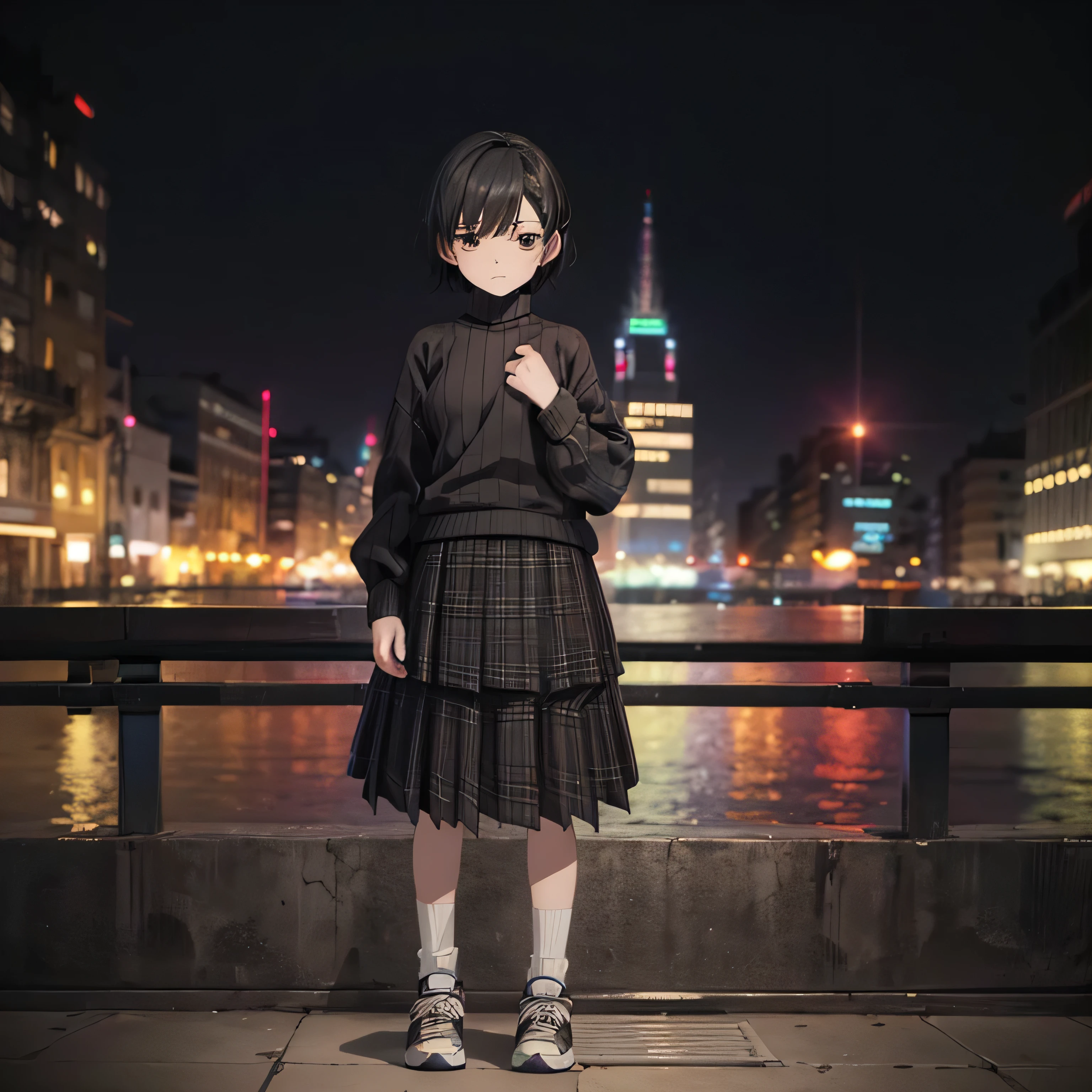 Inside the street,one 1 boy,fem boy,((crossdresser)),black short hair,slender body,((full body)),displeased,sulky,((flat chest)),((ribbed sweater)),((layered skirt)),((maxi length checkered skirt)),((socks)),((sneaker)),4K, 8k, High resolution, masterpiece:1.2, Very detailed, Realistic, photoRealistic, photo-Realistic:1.37, High resolution, High resolution, Studio Lighting, Ultra-fine painting, Sharp focus, Physically Based Rendering, Very detailed explanation, Professional, Vibrant colors, bokeh