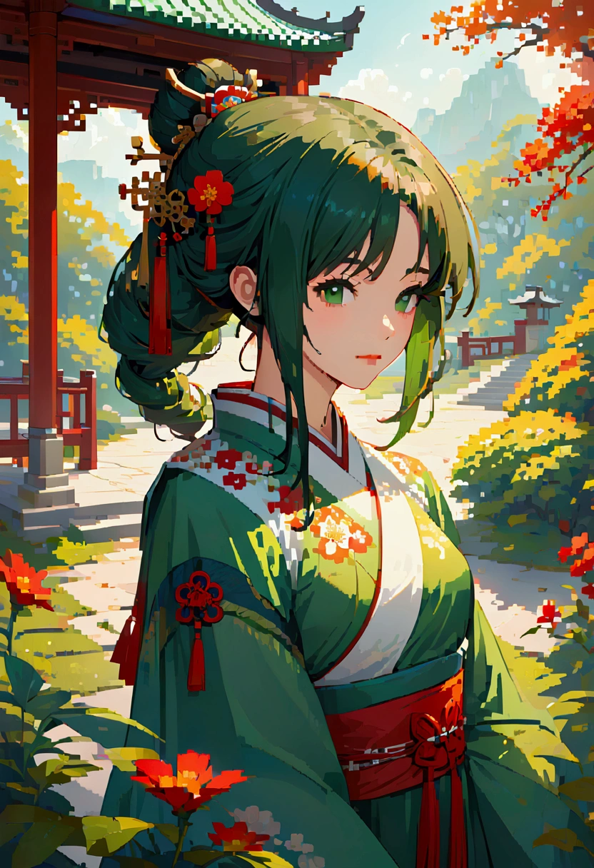  samdoesarts style award winning portrait of a beautiful woman, Ancient Chinese Green Clothes , Long sleeve，Gazebo, Complex, Hairpin, Twist,  sunshine,  Shadow Flat Illustration ,  Digital Art, trending on artstation,  highly detailed ,  fine details, Complex, by Artgerm、Artwork by rutkowski and alphonse mucha ,