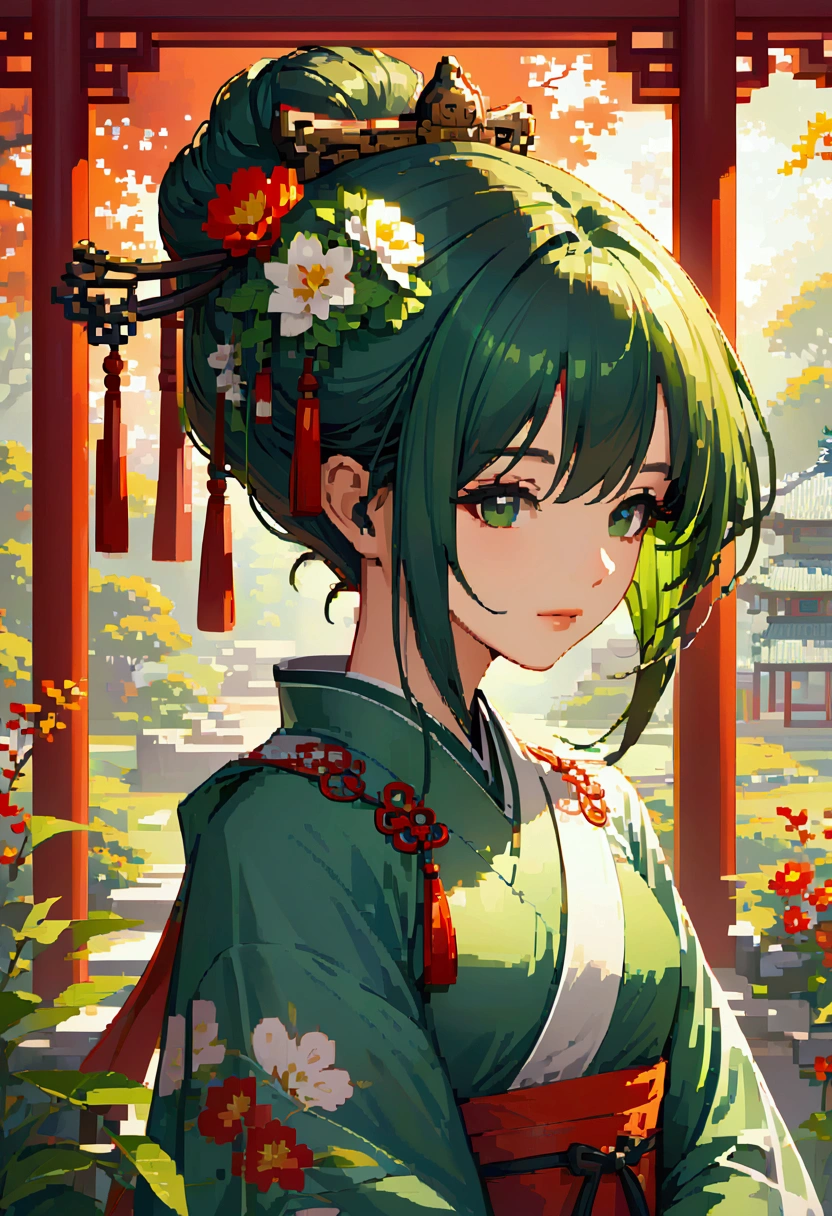  samdoesarts style award winning portrait of a beautiful woman, Ancient Chinese Green Clothes , Long sleeve，Gazebo, Complex, Hairpin, Twist,  sunshine,  Shadow Flat Illustration ,  Digital Art, trending on artstation,  highly detailed ,  fine details, Complex, by Artgerm、Artwork by rutkowski and alphonse mucha ,