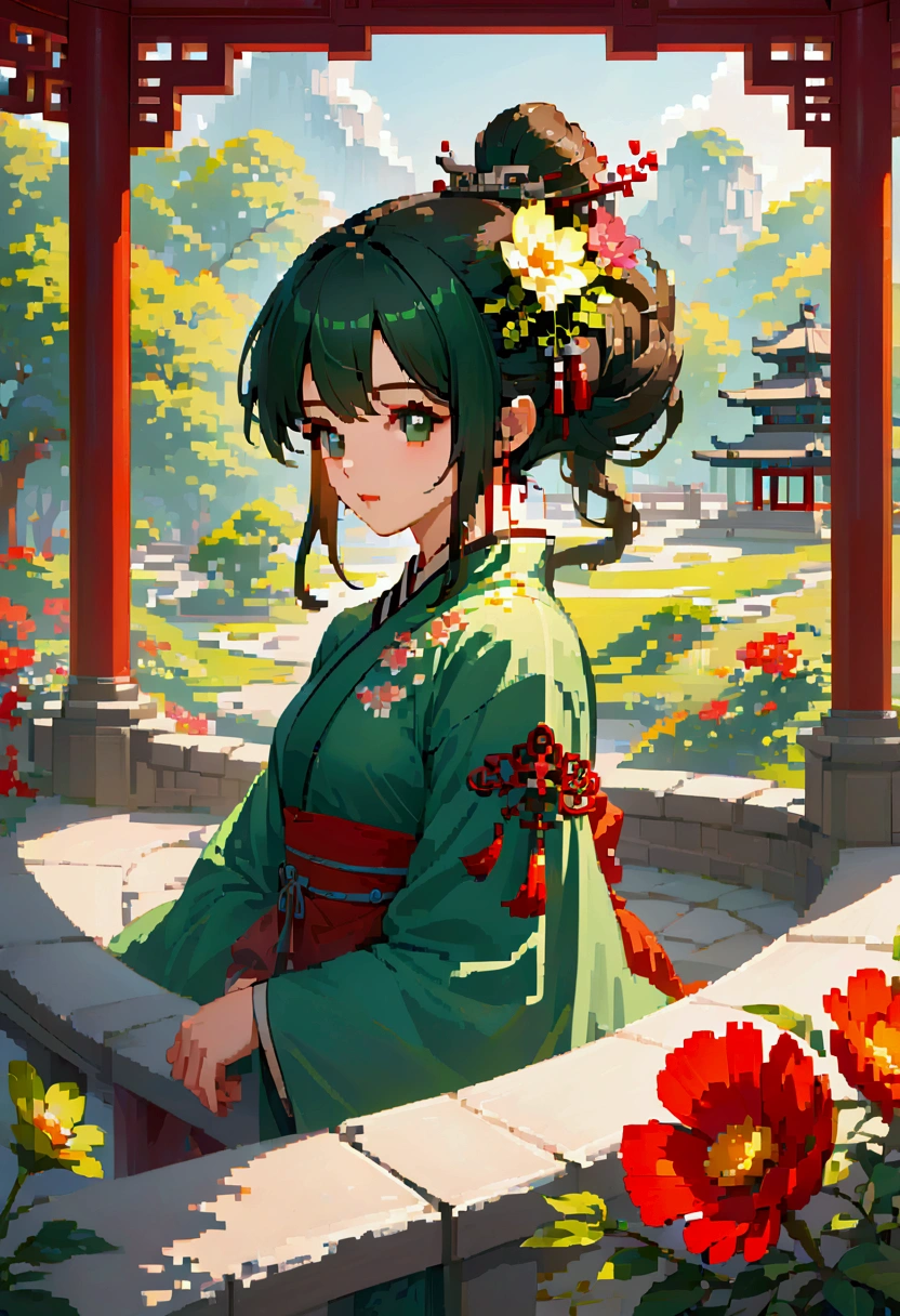  samdoesarts style award winning portrait of a beautiful woman, Ancient Chinese Green Clothes , Long sleeve，Gazebo, Complex, Hairpin, Twist,  sunshine,  Shadow Flat Illustration ,  Digital Art, trending on artstation,  highly detailed ,  fine details, Complex, by Artgerm、Artwork by rutkowski and alphonse mucha ,