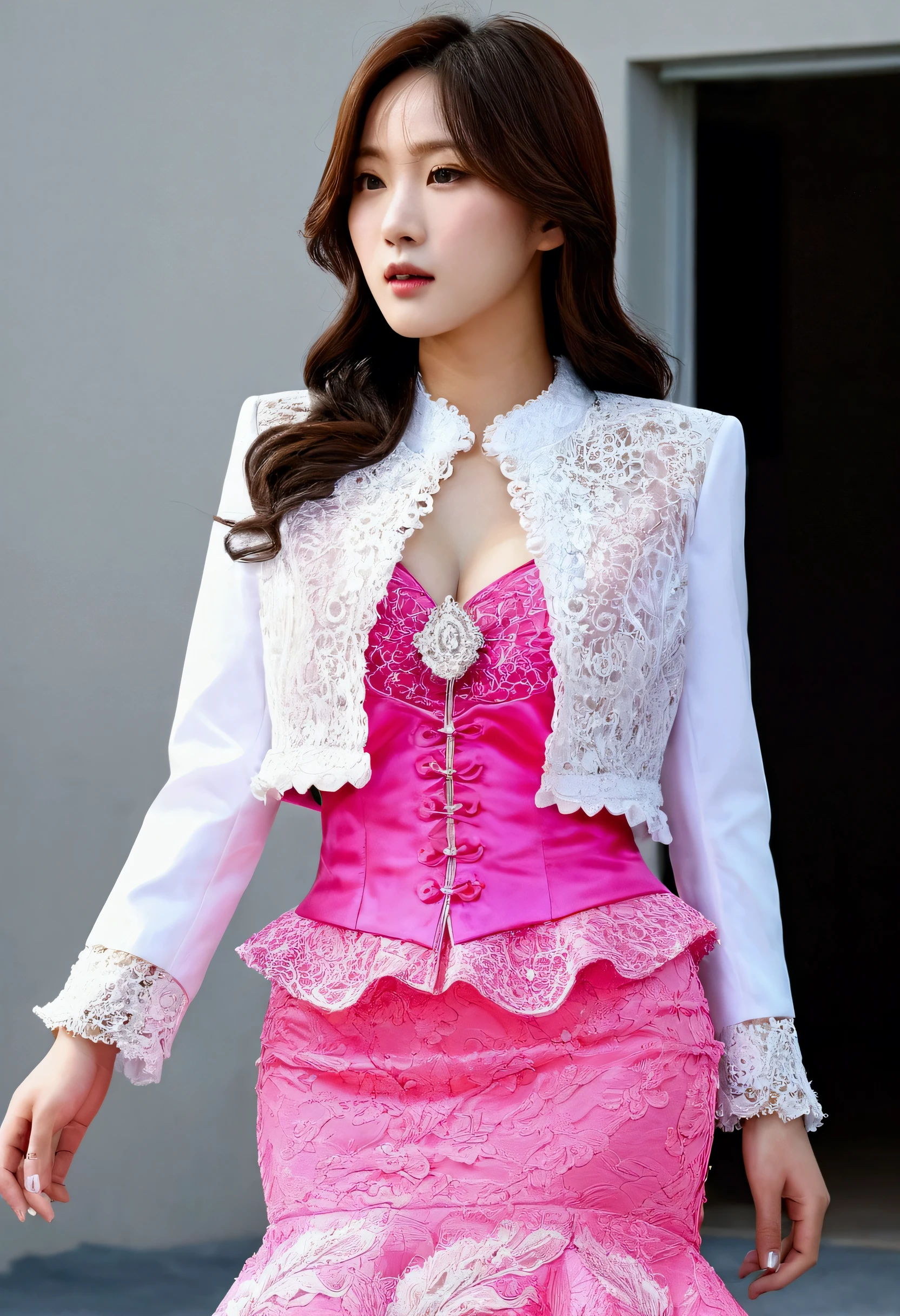 A Korean man is wearing a ladies' skirt suit, a beautiful skirt suit, he is a crossdresser, he has big breasts on his chest like a woman's, his face is very masculine, his hair is masculine short, pink and white, frills and lace. Decoration, lady's dress, two-piece, cropped jacket, small jacket, round neck jacket, China collar jacket, mermaid dress