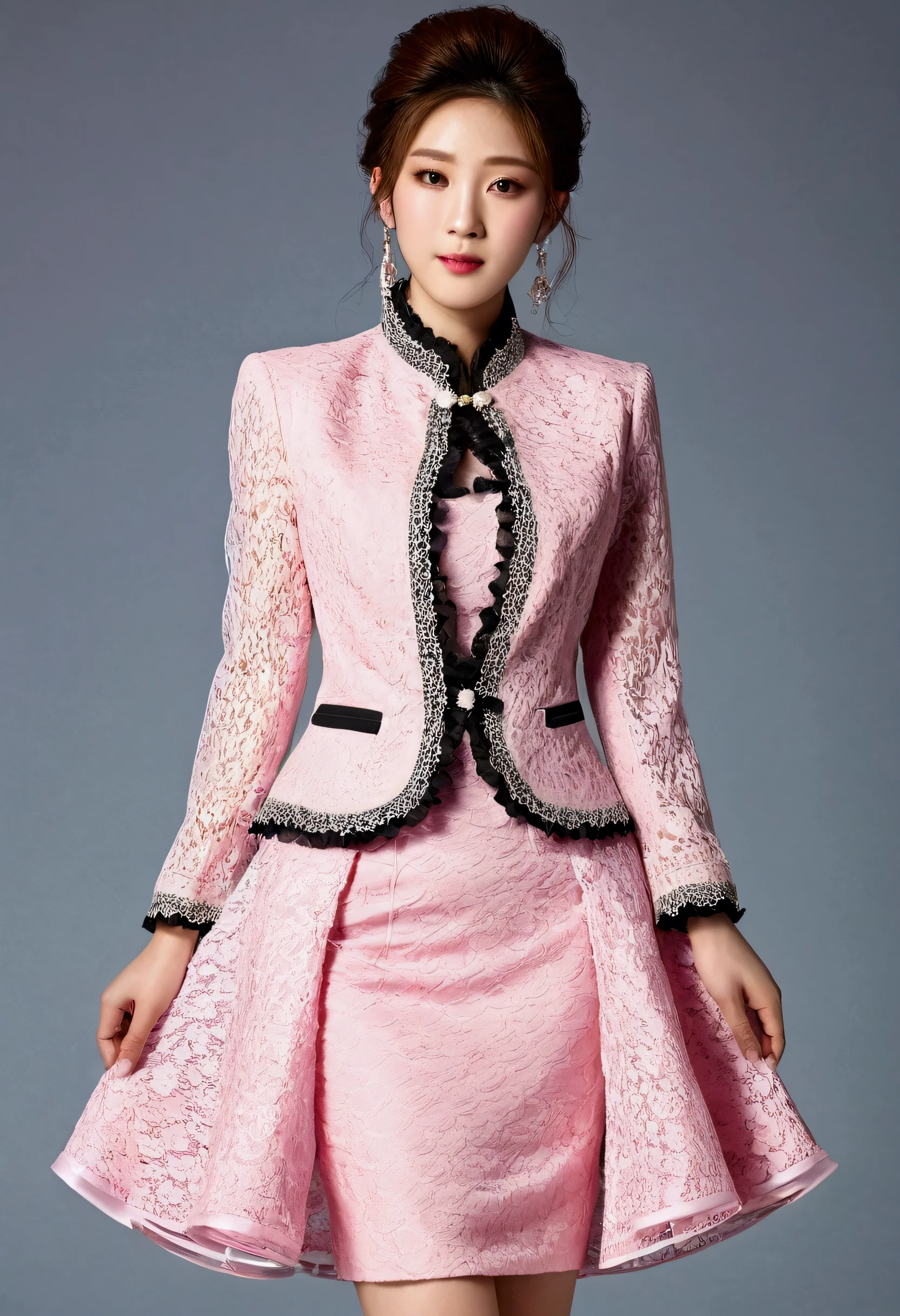 A Korean man is wearing a ladies' skirt suit, a beautiful skirt suit, he is a crossdresser, he has big breasts on his chest like a woman's, his face is very masculine, his hair is masculine short, pink and white, frills and lace. Decoration, lady's dress, two-piece, cropped jacket, small jacket, round neck jacket, China collar jacket, mermaid dress