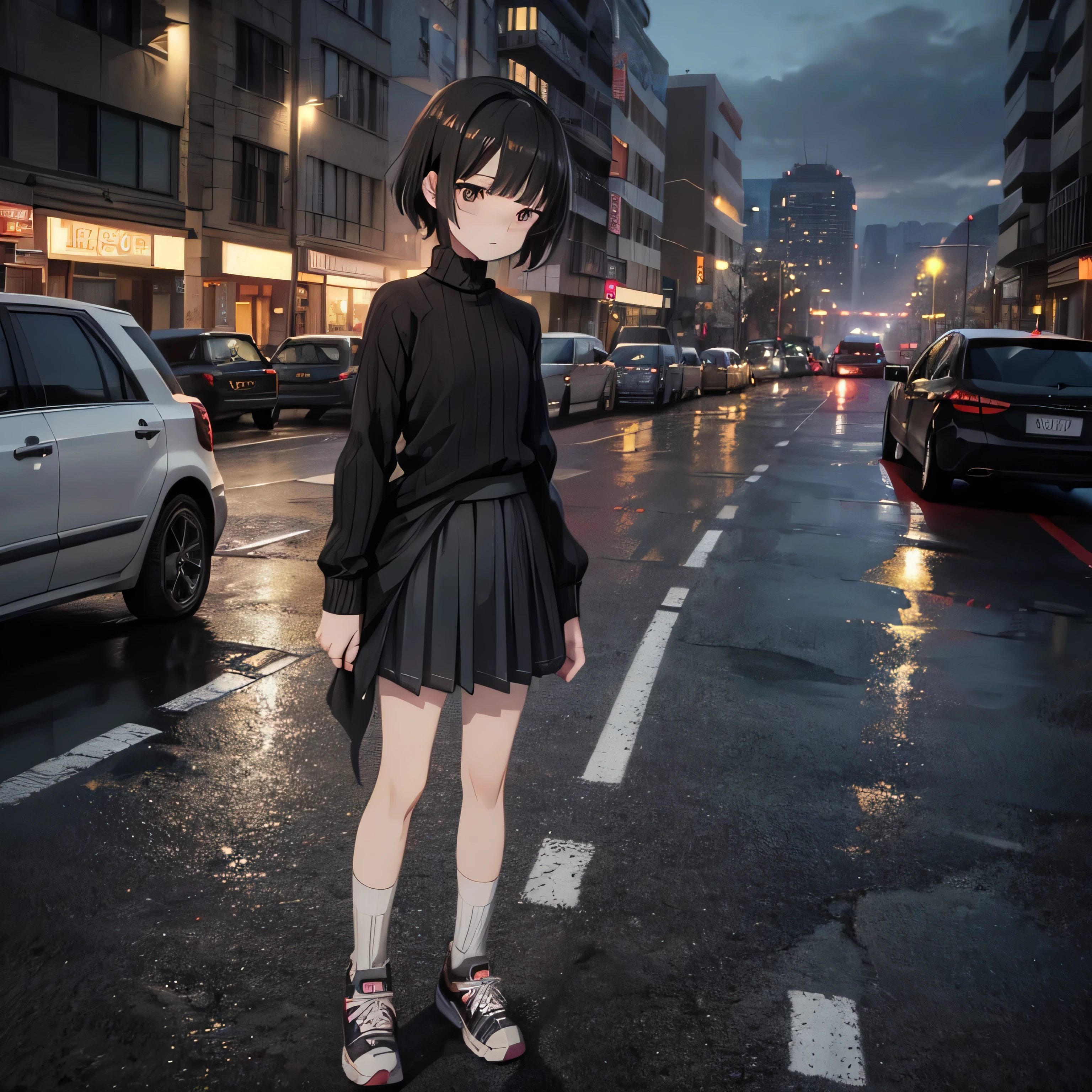 Inside the street,one 1 boy,fem boy,((crossdresser)),black short hair,slender body,((full body)),displeased,sulky,((flat chest)),((ribbed sweater)),((layered skirt)),((maxi length checkered skirt)),((socks)),((sneaker)),4K, 8k, High resolution, masterpiece:1.2, Very detailed, Realistic, photoRealistic, photo-Realistic:1.37, High resolution, High resolution, Studio Lighting, Ultra-fine painting, Sharp focus, Physically Based Rendering, Very detailed explanation, Professional, Vibrant colors, bokeh