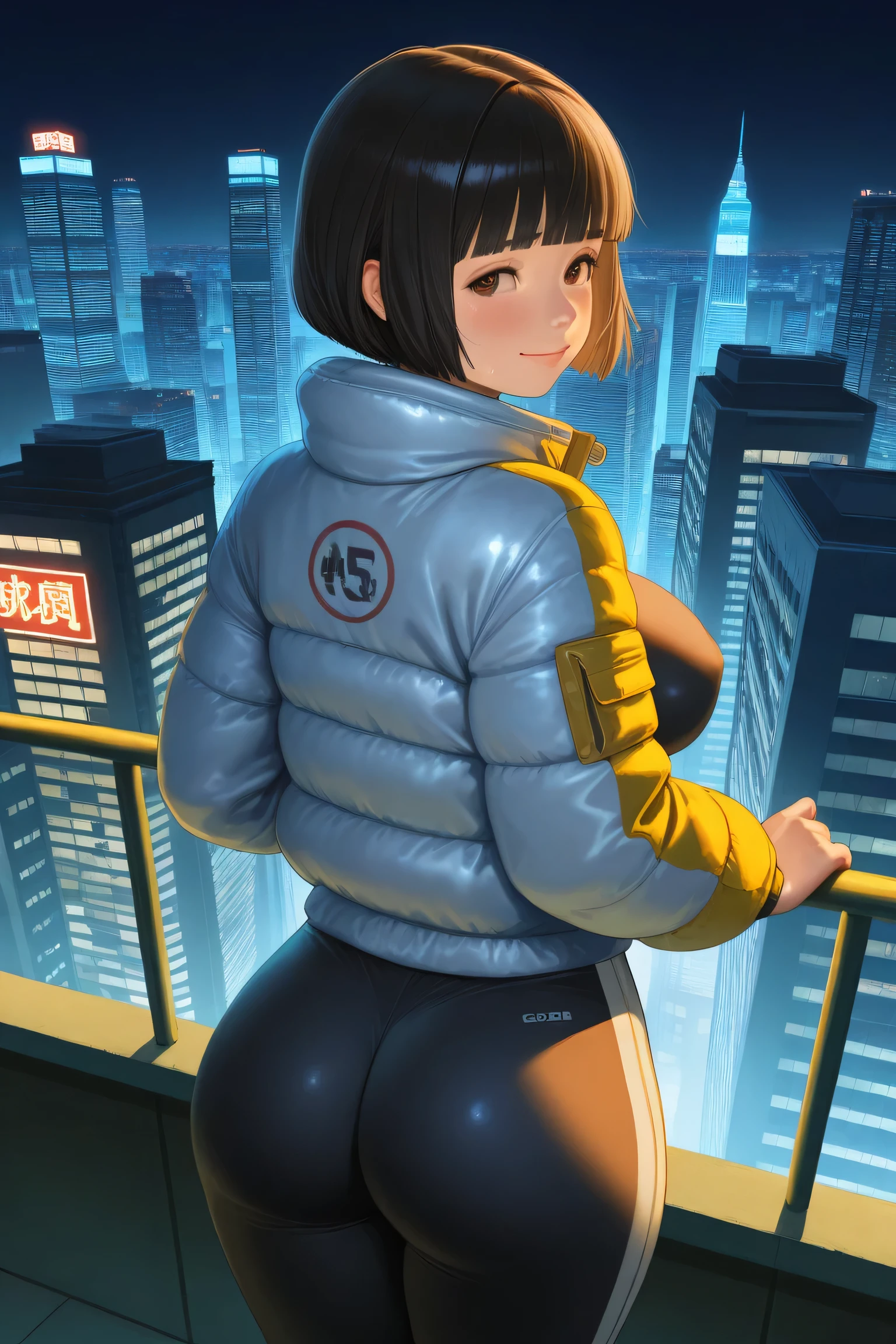 1girl, standing, from behind, looking back,
BREAK girl, 22yo, short hair, bob cut, ear, (blunt bangs), black hair, (tareme:1.2), detailed cute brown eyes, curled eyelashes, (large breasts:0.8), 
beautiful detailed eyes, beautiful face, 
down jacket, sweat pants, (impossible clothes), small and round ass, 
embarrassed, frown, forced smile, 
on the rooftop of a skyscraper in Cyber City, huge building, metropolis, panoramic view, night, detailed neon lights,
masterpiece, best quality, amazing quality, very aesthetic, absurdres, newest, (realistic:1.2), super detailed, extremely detailed, nsfw, explicit