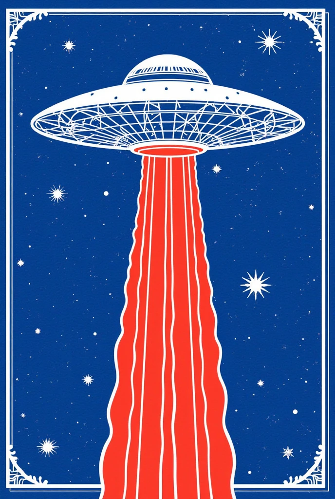  has an illustration of a UFO with white lines on a blue background,  blotter art ,  INDIGO OCTICAL PATTERN ,  SILKSCREEN PRINT ,   SYMMETRIC DIE CUT STICKER  ,  very detailedなパネルカット, tile, Symmetrical sticker design ,  Silicone Patch Design , BLUE - PRINT , シルク SCREEN PRINT  ,  SCREEN PRINT ,  Ultra High Definition,  very detailed,  high detail, Red as an additional color