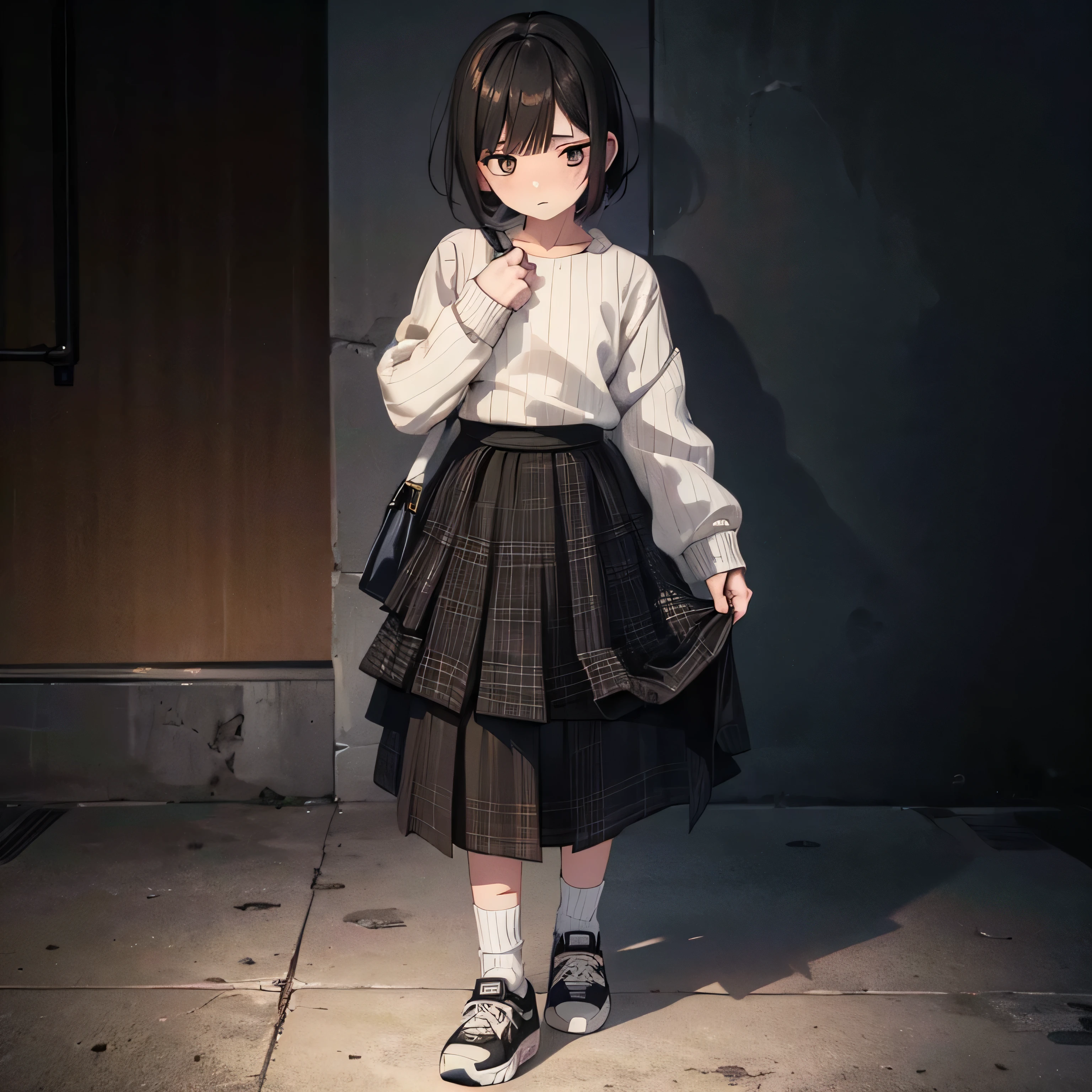 Inside the street,one 1 boy,fem boy,((crossdresser)),black short hair,slender body,((full body)),displeased,sulky,((flat chest)),((ribbed sweater)),((layered skirt)),((maxi length checkered skirt)),((socks)),((sneaker)),4K, 8k, High resolution, masterpiece:1.2, Very detailed, Realistic, photoRealistic, photo-Realistic:1.37, High resolution, High resolution, Studio Lighting, Ultra-fine painting, Sharp focus, Physically Based Rendering, Very detailed explanation, Professional, Vibrant colors, bokeh