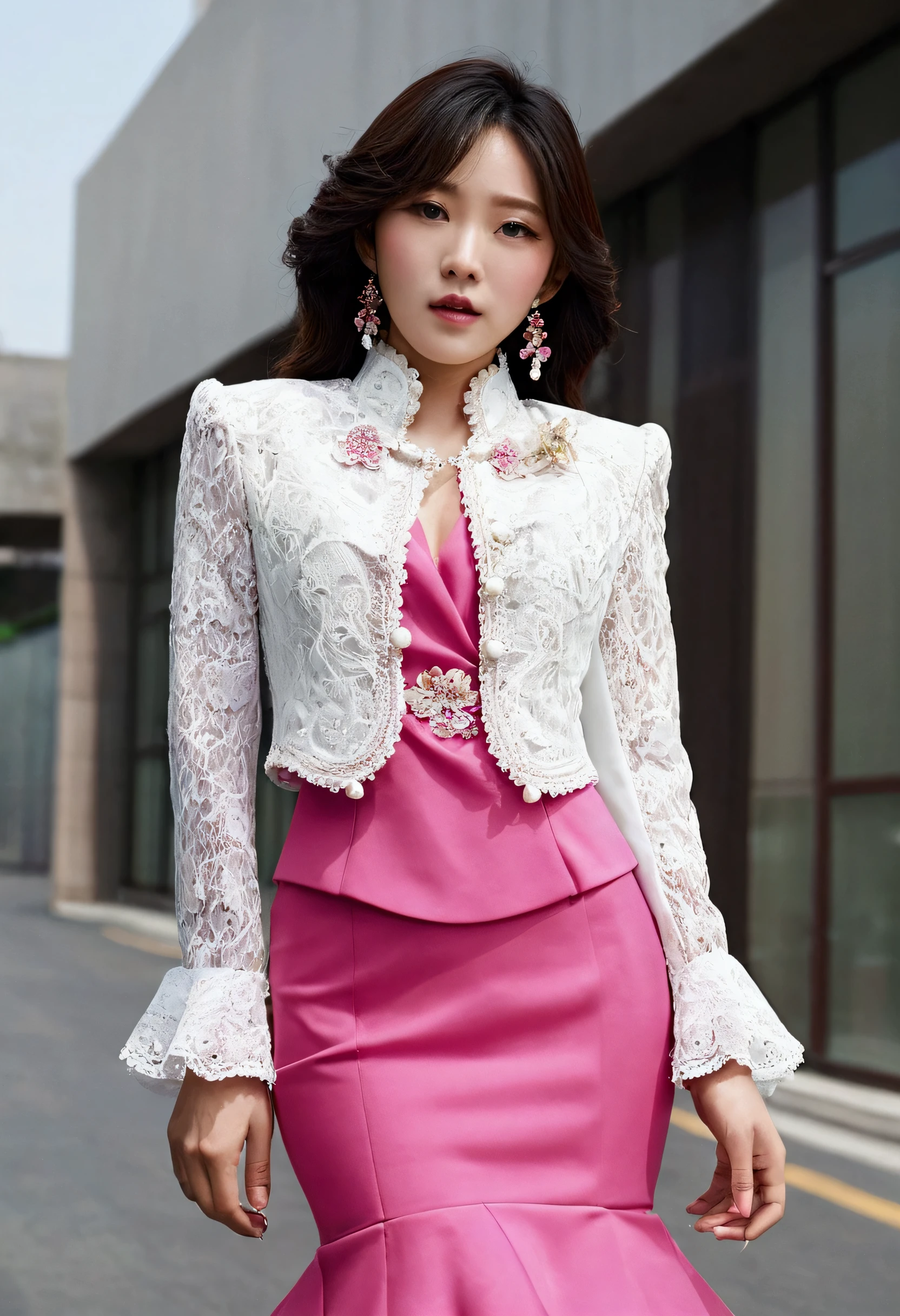 A Korean man is wearing a ladies' skirt suit, a beautiful skirt suit, he is a crossdresser, he has big breasts on his chest like a woman's, his face is very masculine, his hair is masculine short, pink and white, frills and lace. Decoration, lady's dress, two-piece, cropped jacket, small jacket, round neck jacket, China collar jacket, mermaid dress