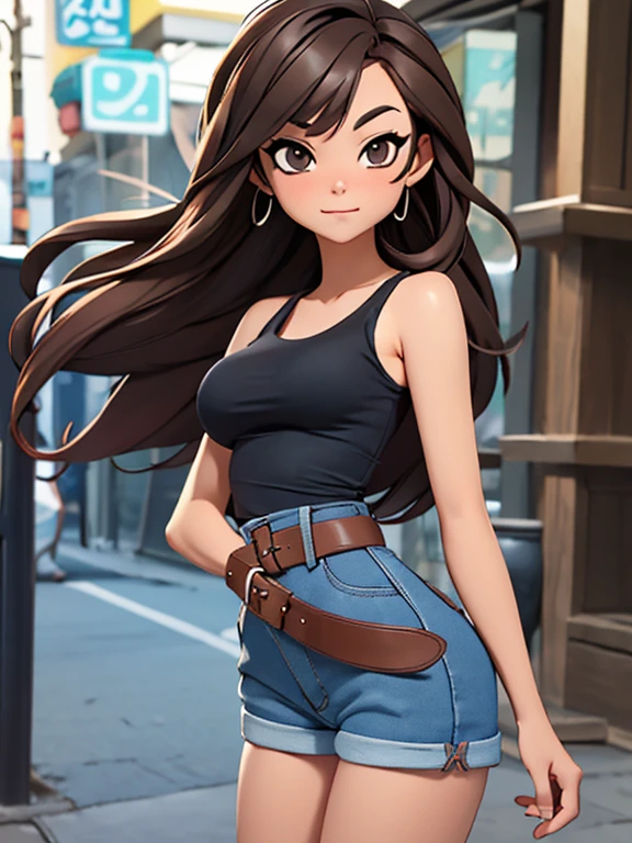 score_9, source_cartoon, best quality, high resolution, unity 8k wallpaper, 1girl, solo, Taiwanese woman, long hair, big breasts, (Wearing: Tight Black tank-top, brown leather belt with a silver buckle, denim booty shorts)
