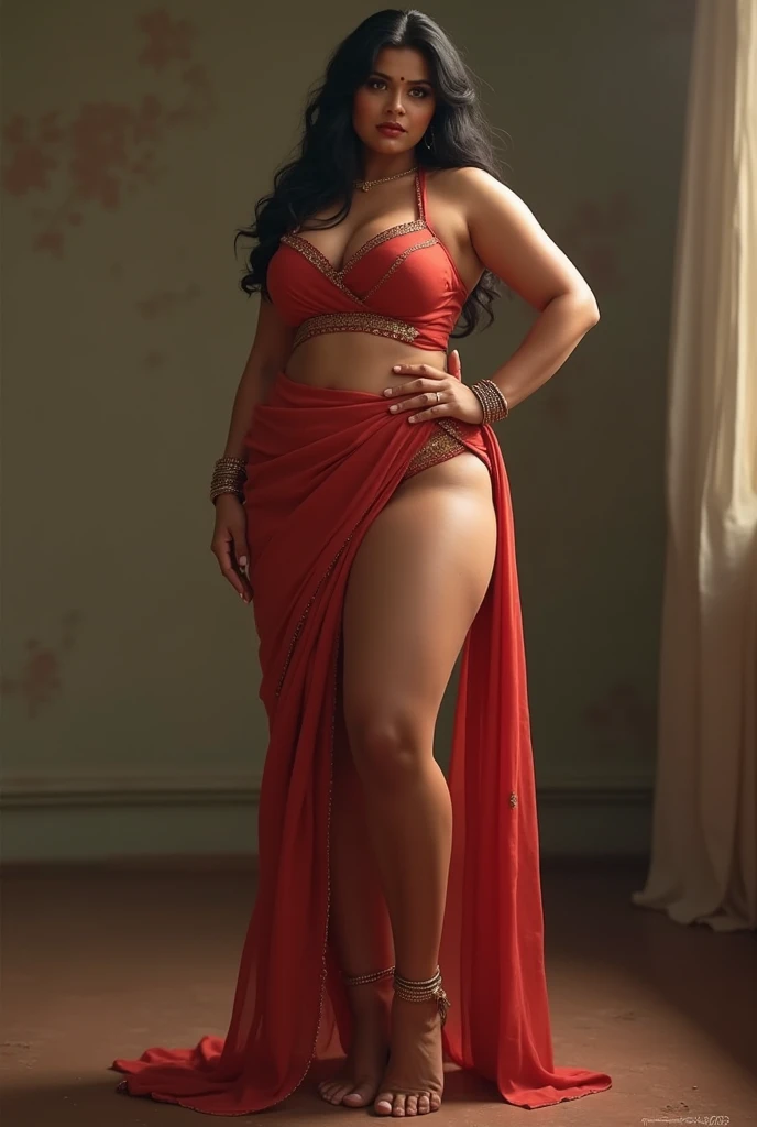 (masterpiece), best quality, expressive eyes, perfect face, horny redhaired 40 year old woman in skimpy saree blouse, lusty face, sheer fabric, off shoulder, high heels, long sexy legs, thick thighs, wet skin, swooping breasts, cleavage, collarbone, perfect hourglass figure, full shot, dynamic pose, reclining, artstation