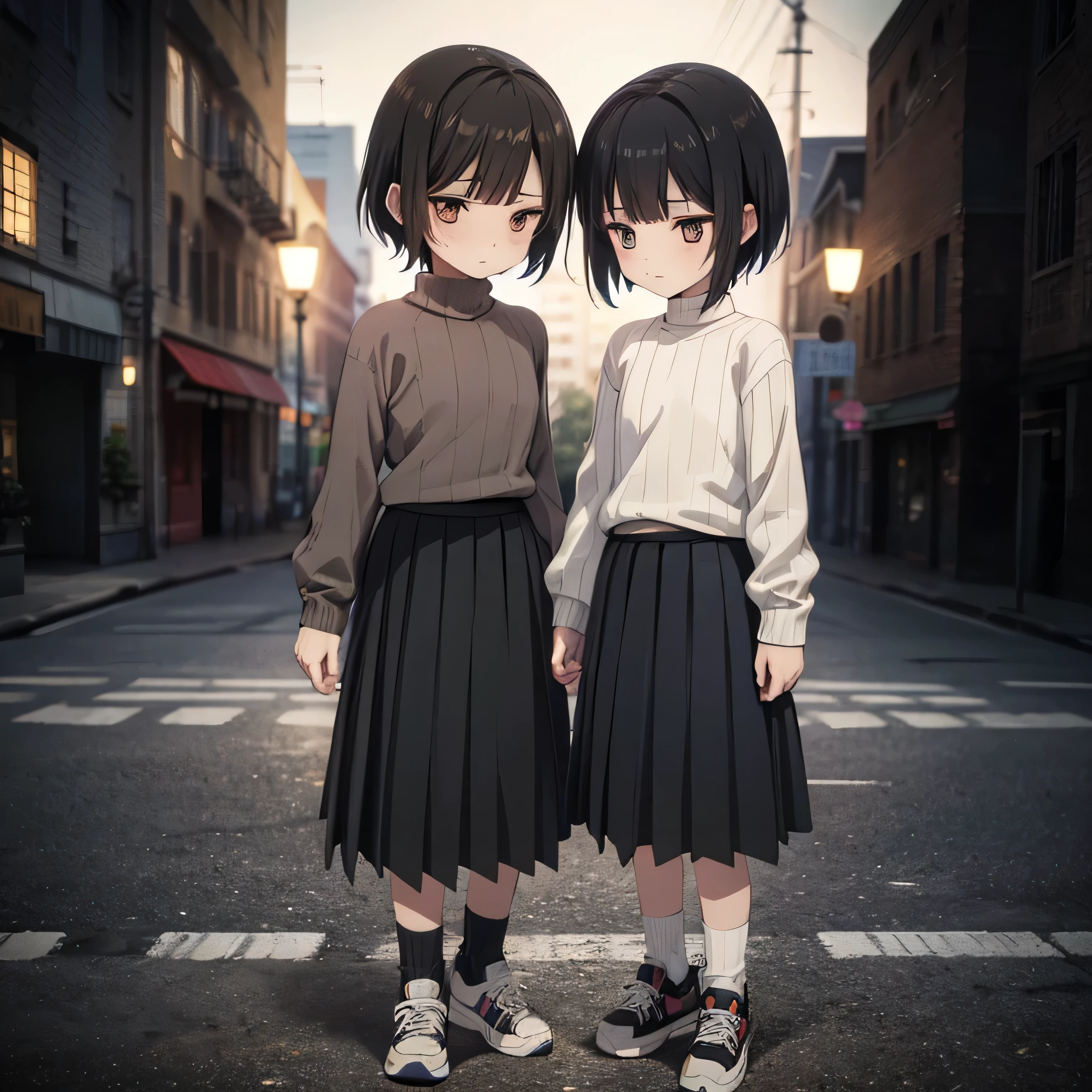 Inside the street,one 1 boy,fem boy,((crossdresser)),black short hair,slender body,((full body)),displeased,sulky,((flat chest)),((ribbed sweater)),((layered skirt)),((maxi length checkered skirt)),((socks)),((sneaker)),4K, 8k, High resolution, masterpiece:1.2, Very detailed, Realistic, photoRealistic, photo-Realistic:1.37, High resolution, High resolution, Studio Lighting, Ultra-fine painting, Sharp focus, Physically Based Rendering, Very detailed explanation, Professional, Vibrant colors, bokeh