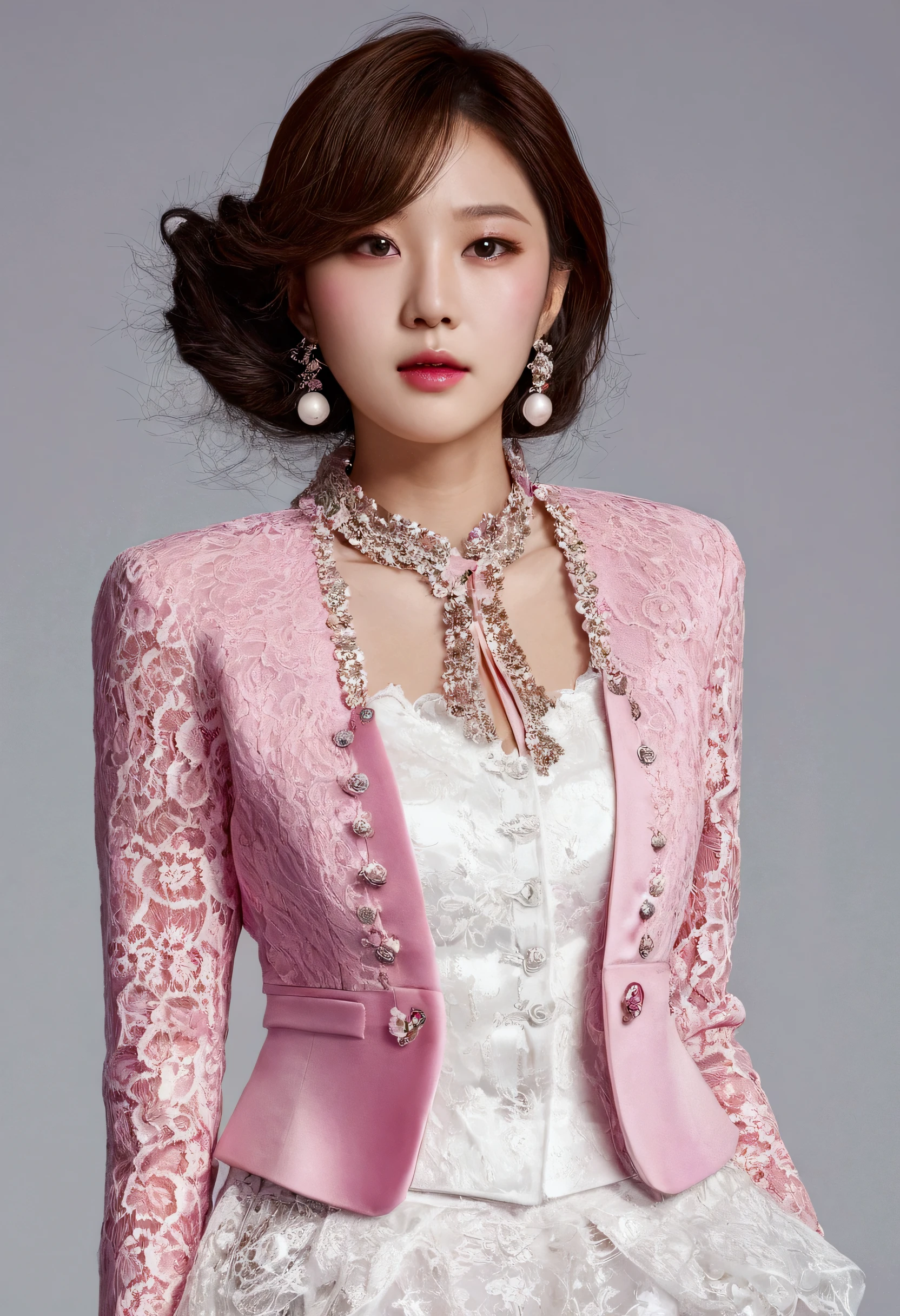 A Korean man is wearing a ladies' skirt suit, a beautiful skirt suit, he is a crossdresser, he has big breasts on his chest like a woman's, his face is very masculine, his hair is masculine short, pink and white, frills and lace. Decoration, lady's dress, two-piece, cropped jacket, small jacket, round neck jacket, China collar jacket, mermaid dress