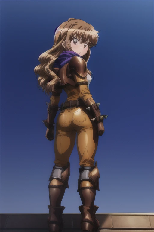 ((best quality)), ((masterpiece)), (detailed), 1 girl, looking back, showing her ass, young adult, purple eyes, serious face, long blue scarf, brown hair, long hair, wavy hair, bangs, brown collar, somewhat short, very thin, big googles, blue scarf, brown collar, somewhat short, very thin, spikes on forearms, brown details, large brown leather gloves, brown wrist guards, small breasts, brown nanotech suit, light armor, white emblem in the chest, high shoulder pads, brown suit with orange stripes, orange stripes, triangular emblem on chest, very small breasts, blue emblem, brown pants, brown knee pads, metallic brown boots, metallic brown shoes, black superhero belt, standing on a building, city background, anime