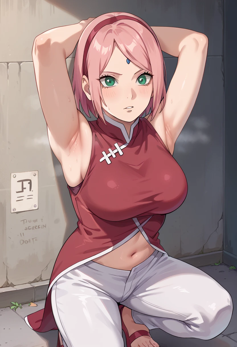 nsfw, haruno sakura, pink hair, short hair, green eyes, red sleeveless dress, navel, large breasts, white pants，In a dimly lit alley ,Armpit,Armpit wrinkles,Armpit smell,Armpit juice,Arms up,Stretch,pubic hair,under hair,,squat down, 