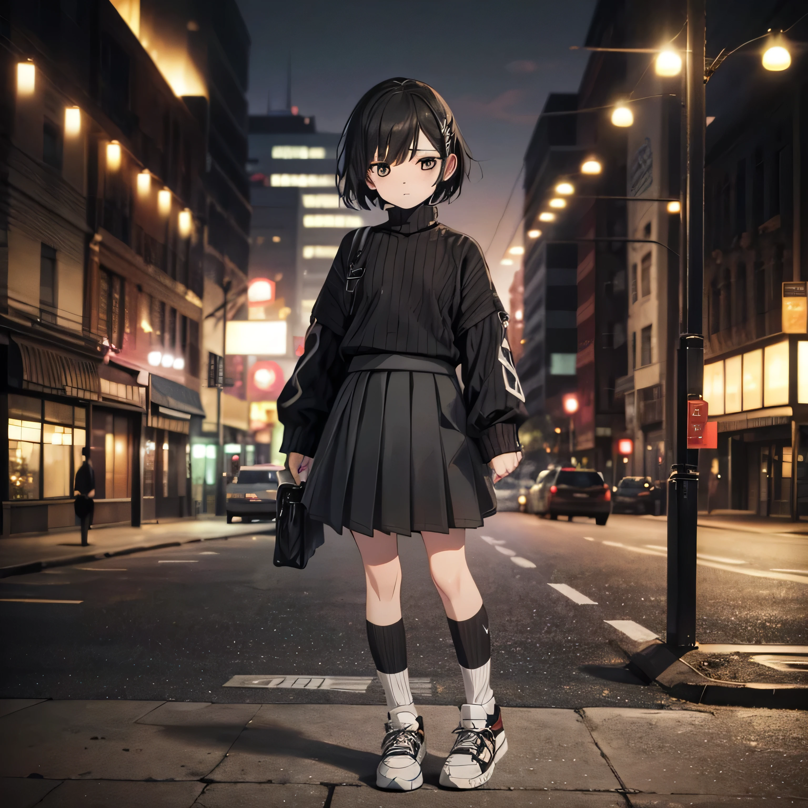 Inside the street,one 1 boy,fem boy,((crossdresser)),black short hair,slender body,((full body)),displeased,sulky,((flat chest)),((ribbed sweater)),((layered skirt)),((maxi length checkered skirt)),((socks)),((sneaker)),4K, 8k, High resolution, masterpiece:1.2, Very detailed, Realistic, photoRealistic, photo-Realistic:1.37, High resolution, High resolution, Studio Lighting, Ultra-fine painting, Sharp focus, Physically Based Rendering, Very detailed explanation, Professional, Vibrant colors, bokeh