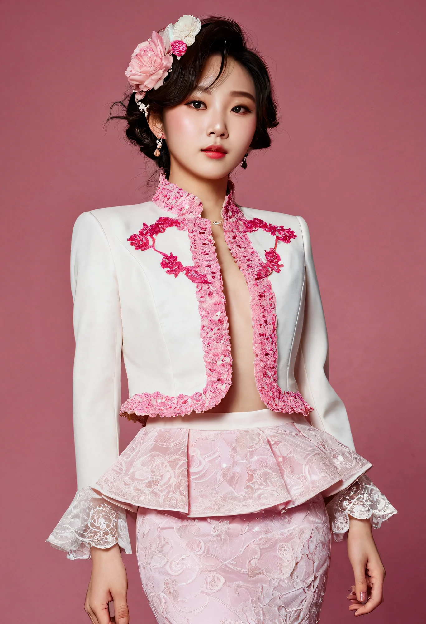 A Korean man is wearing a ladies' skirt suit, a beautiful skirt suit, he is a crossdresser, he has big breasts on his chest like a woman's, his face is very masculine, his hair is masculine short, pink and white, frills and lace. Decoration, lady's dress, two-piece, cropped jacket, small jacket, round neck jacket, China collar jacket, mermaid dress