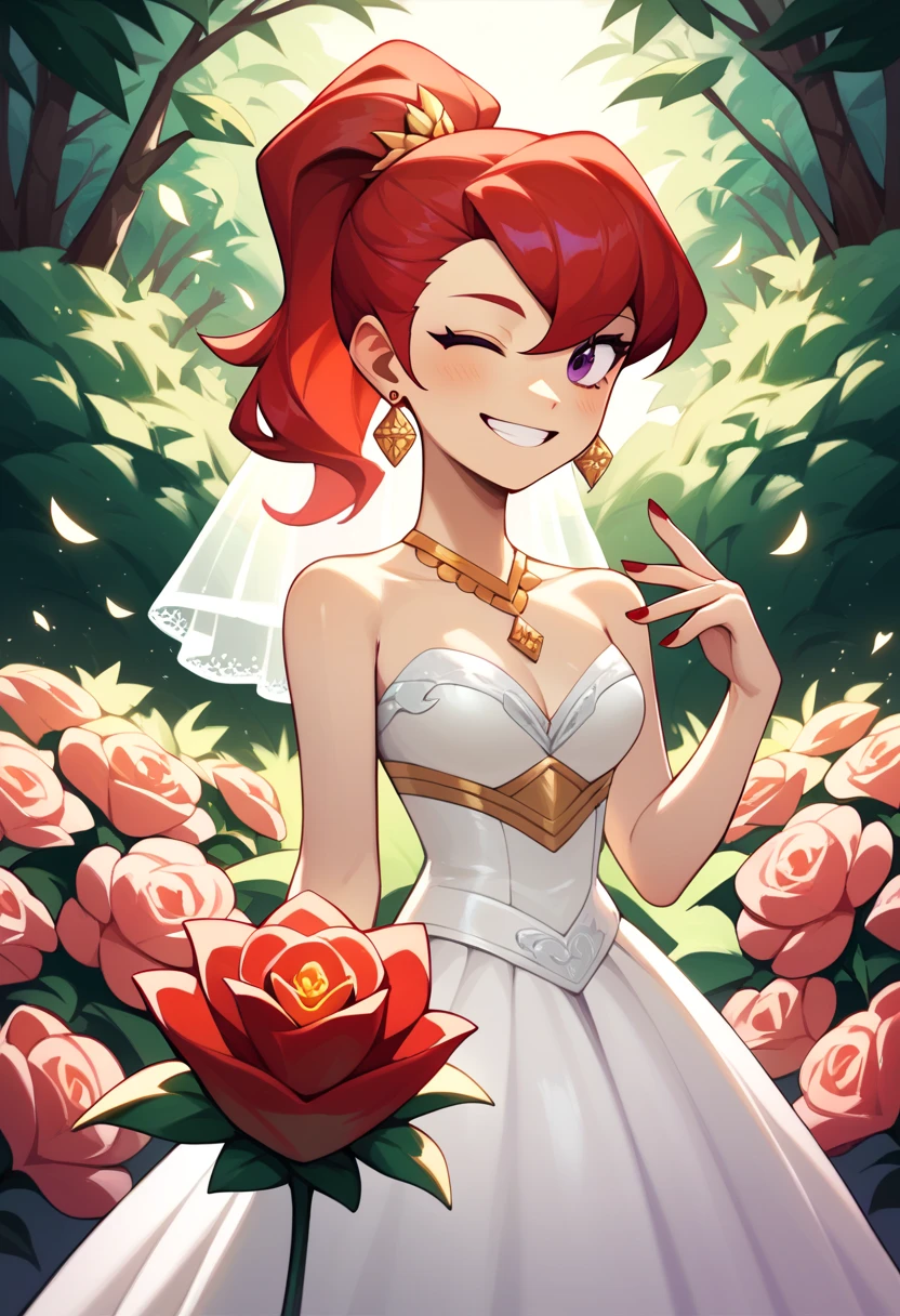 Mars, red nails, smiling, red hair, ponytail hairstyle, purple eyes, gold earings,gold brasalet,  winking one eye, white wedding dress, flowers in hand