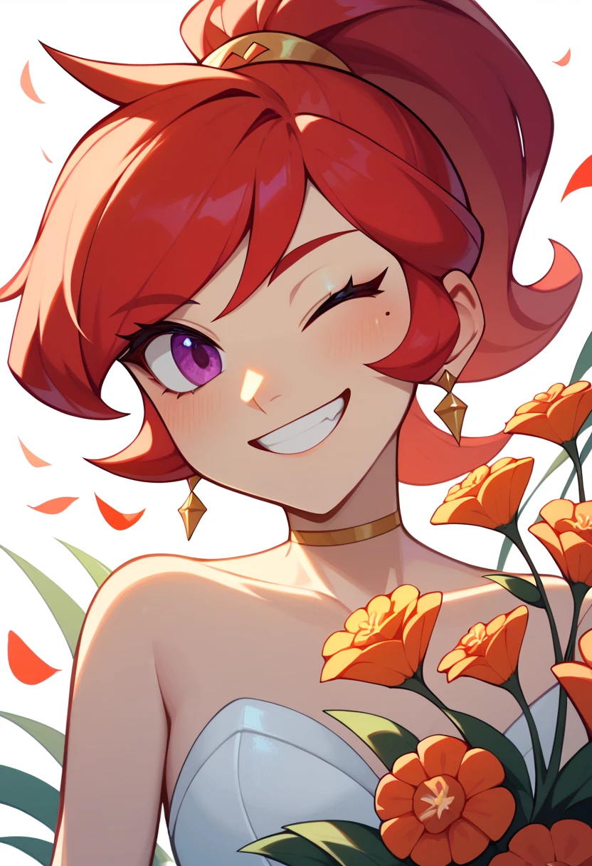 Mars, red nails, smiling, red hair, ponytail hairstyle, purple eyes, gold earings,gold brasalet,  winking one eye, white wedding dress, flowers in hand