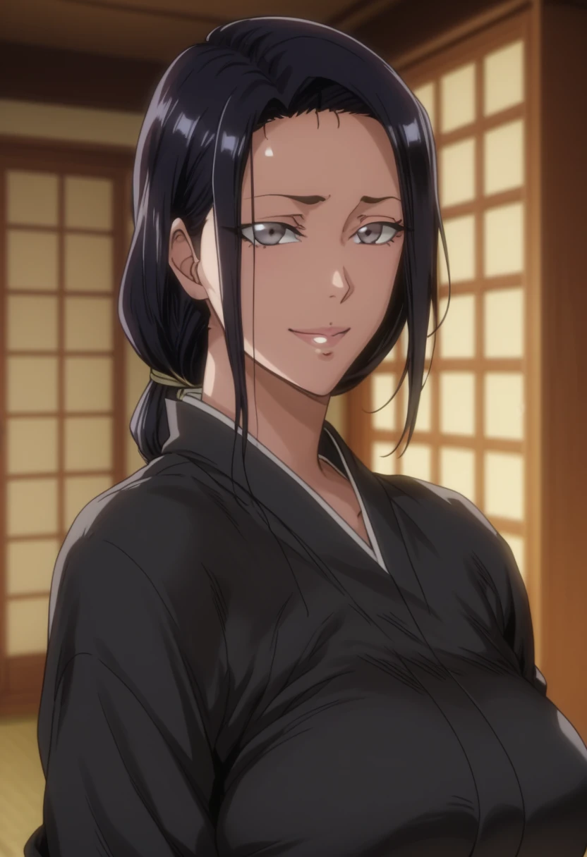 Look up、 Black Kimono、( mature woman :1.4)、Poisonous woman 、50 years old、Captivating smile、 black hair、 up hair 、Married women、 de emphasizing trust 、Japanese-style room Unohana retsu Shinigami captain shihakushō apart from using an obi instead of the normal sash, which hides her well-endowed breasts. Her hair is long and is always worn as a large brai Bleach、bleach thousand -year blood war, know inside behind over 