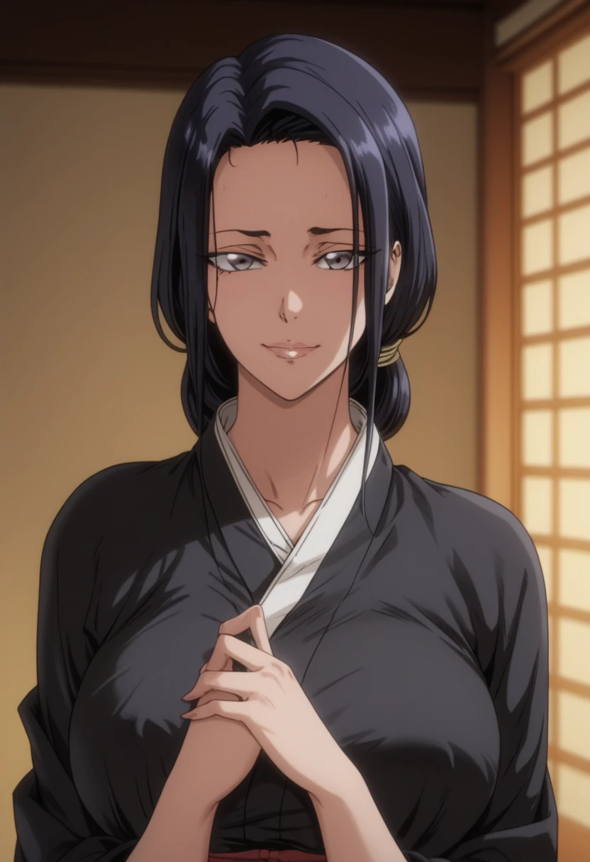 Look up、 Black Kimono、( mature woman :1.4)、Poisonous woman 、50 years old、Captivating smile、 black hair、 up hair 、Married women、 de emphasizing trust 、Japanese-style room Unohana retsu Shinigami captain shihakushō apart from using an obi instead of the normal sash, which hides her well-endowed breasts. Her hair is long and is always worn as a large brai Bleach、bleach thousand -year blood war, know inside behind over 