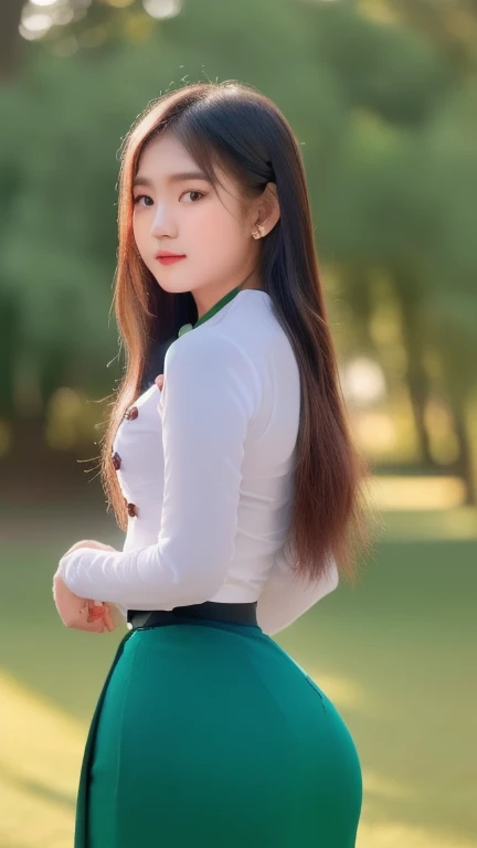 (best quality),(masterpiece), (extremely detailed 8K wallpaper),ultra-detailed,cinematic lighting, detailed light, best shadow, dynamic angle, 1 girl, beautiful, attractive, long hair, (((wearing acmmsayarma outfit, acmmsayarma white top with buttons, long sleeves, ((acmmsayarma green long skirt))),  looking back over the shoulder, Burmese girl.
