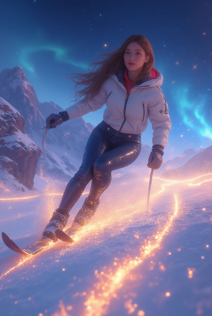 A magnificent dinamic fast skiing girl speeding full of energy through a surreal, fantastical snowy, polar, christmas, downhill landscape. Shinny stars. She's wearing stylish ski full attire and accessories. The path emit a soft golden light. The tracks float above a swirling vortex of time, with glowing particles, fragments, and faint historical landmarks from different eras appearing in the mist below. The sky is a blend of vibrant, swirling colors — hues of gold, blue, and purple — with streaks of light and stars forming trails as if bending time itself. The overall atmosphere is the spirit of winter sports, awe-inspiring and magical, with intricate details showcasing the girl fast skiing, sports and energetic aesthetics. 
