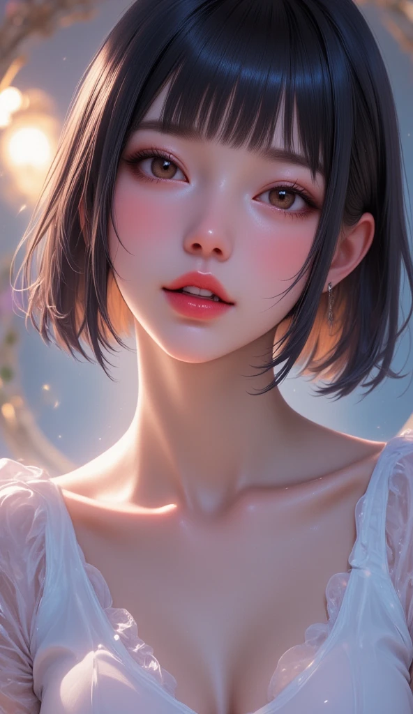 score_9,score_8_up,score_7_up, extremely quality photo, soft focus, epic realism,extremely realistic, source_photo, proper alignment, rating_explicit,8k,photo realistic:1.37, highest quality, perfect anatomy, 1girl, coquettish face:1.3, blushed, shy smile, closed mouth, hime-cut, black hair, straight short bob, blant bangs, flowing hair, beautiful extremely detailed(face, eyes, longeyelash, pupils), lovely(face, big eyes), brown eyes, bright eyes, cleavage, glamorous, middle-breasts, constricted waist, skinny, slender, bewitching pose, cozy bed,