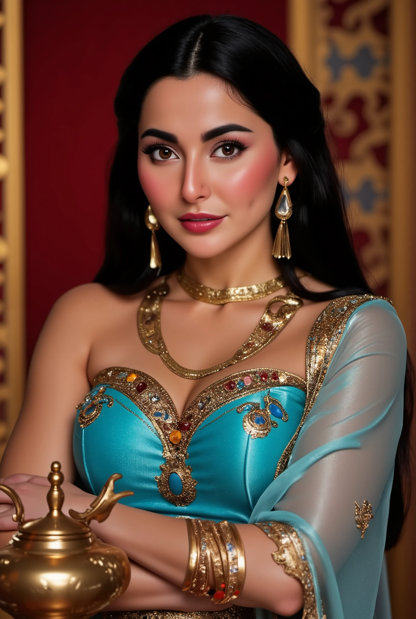 busty Pakistani (Hania Amir),(big breasts), extreme close-up, portrait, ultra realistic, photography, long black straight hair, elegant hair, (30 years old, hazel eyes, hourglass figure, perfect fit body, natural big breasts), femme fatale, Princess jasmine costume, oriental background, holding the magic lamp from aladdin, rubbing the magic lamp from aladdin