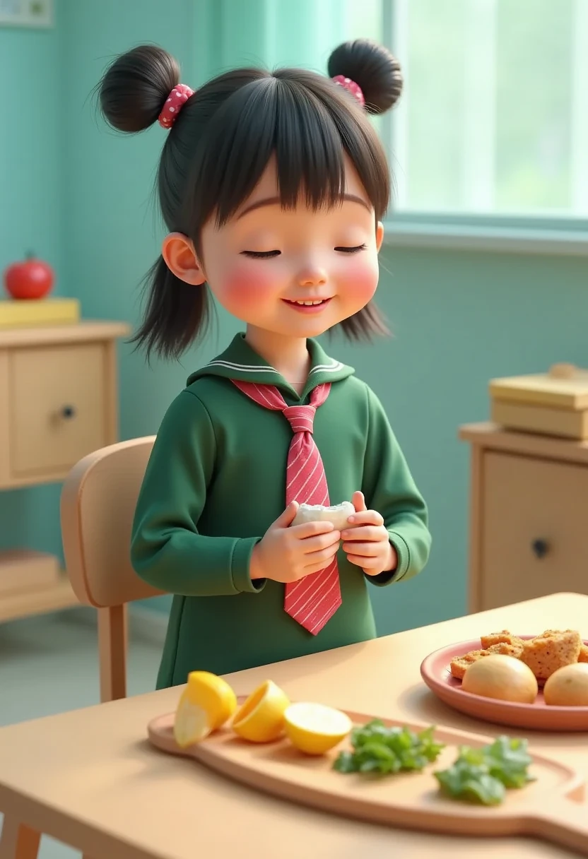 a girl wearing an Indonesian kindergarten dark green uniform, a tie with a combination of red and white vertical stripes, wearing a dark green skirt ((matching the color of the uniform)), sitting, chair, table, opening her packed lunch, showing boiled eggs and bread and boiled potatoes.