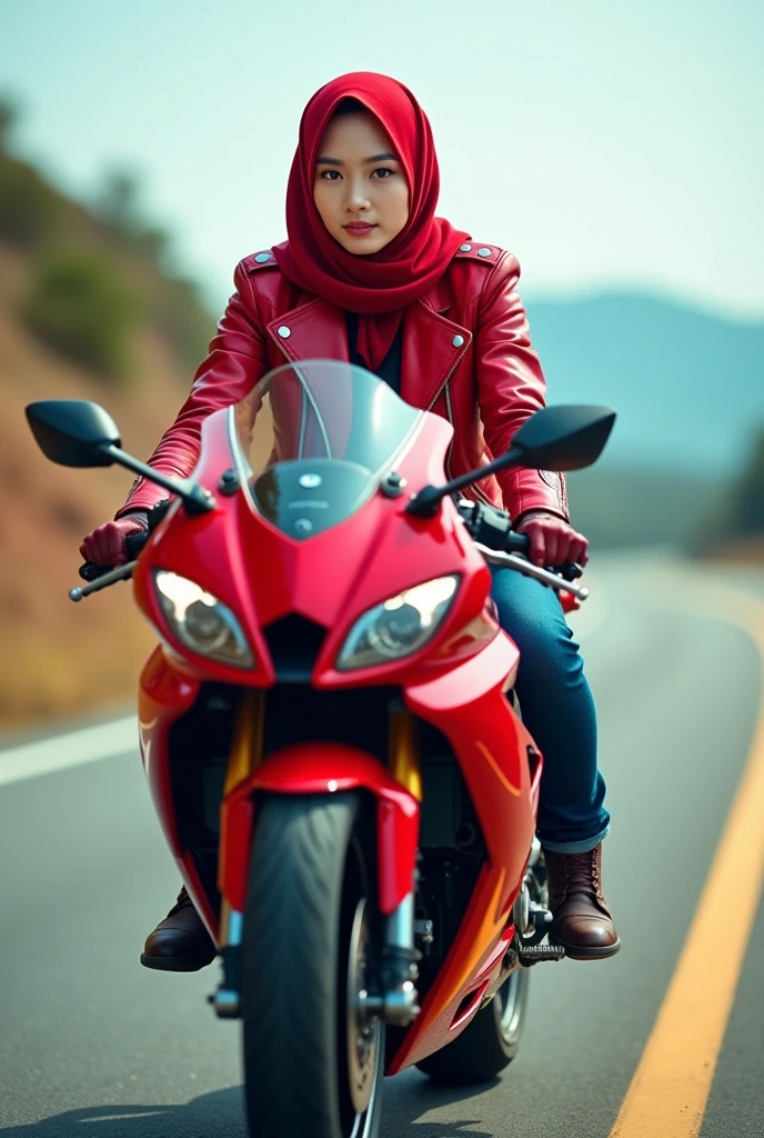 A beautiful Korean girl, smooth white skin, well-groomed face, brown hijab.jaket kulit cropped,kaos Putih logo harley, black cropped pants with lots of pockets,sitting posing, on a red Kawasaki Ninja ZX-25R motorbike,riding the Kawasaki Ninja ZX-25R .smiled faintly, black cool watch, shoe. shoe boots harley davidson,Background, bokeh, foto asli close up full body, Realistic.