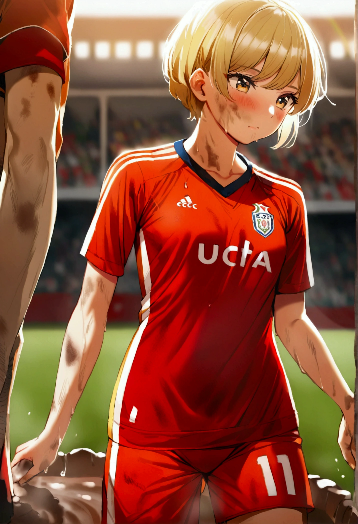  A girl, men's cut blonde hair ,  lucky men's clothing and soccer jersey, dirty with mud,  small breasts 