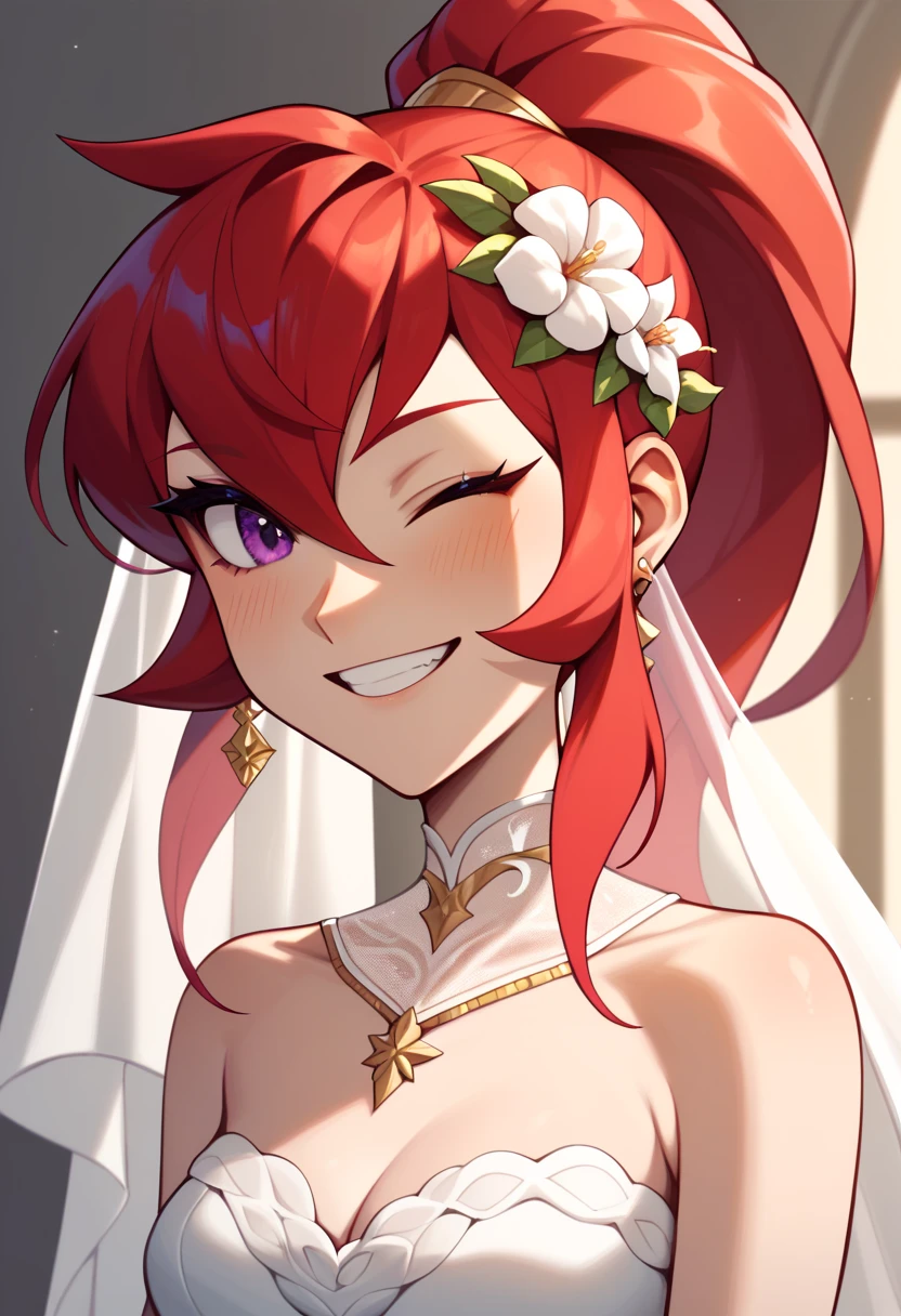 Mars, red nails, smiling, red hair, ponytail hairstyle, purple eyes, gold earings, gold brasalet,  winking one eye, white wedding dress, white flowers in hand, veil on hair