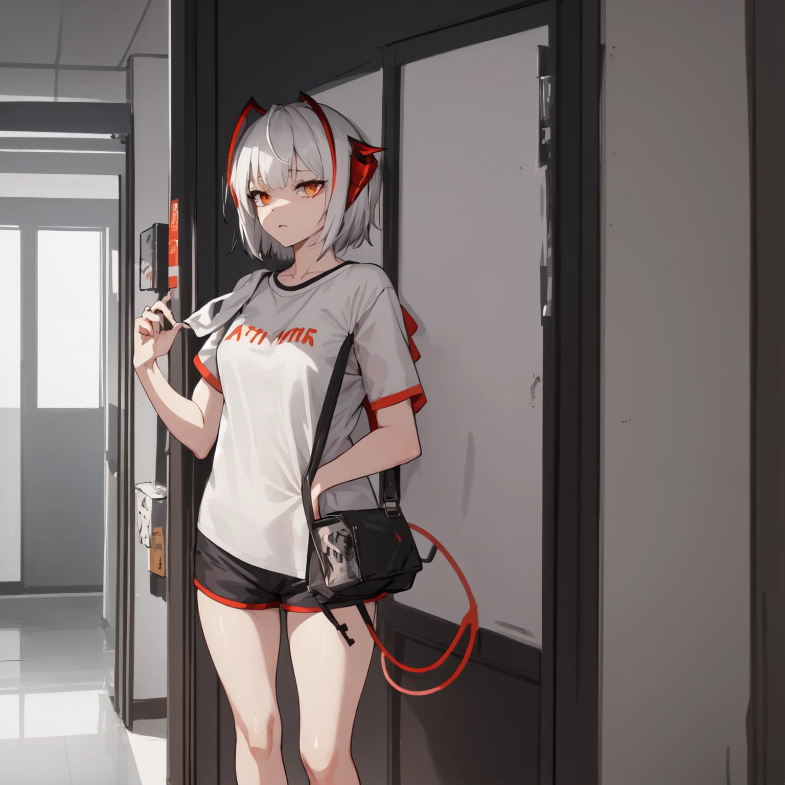 1girl, w_(arknights), solo, horns, shorts, shirt, tail, demon_horns, short_hair, grey_shirt, demon_tail, towel, notice_lines, grey_shorts, demon_girl, white_hair, border, english_text,NSFW , orange_eyes, breasts, holding, antennae, indoors, black_shirt, grey_hair, cowboy_shot, short_sleeves, medium_breasts, lamp, sketchThe image shows a girl with white hair and red horns. She is wearing a dark T-shirt and shorts, with a bag or towel slung over her shoulder. Her tail is visible behind her back. She walks down the hallway and looks at the sign that says: "YOU'RE GOING TO COME IN, TOO." The lighting on the sign stands out in yellow, attracting attention. The style of the drawing is reminiscent of anime, with an emphasis on the details and facial expression of the character.