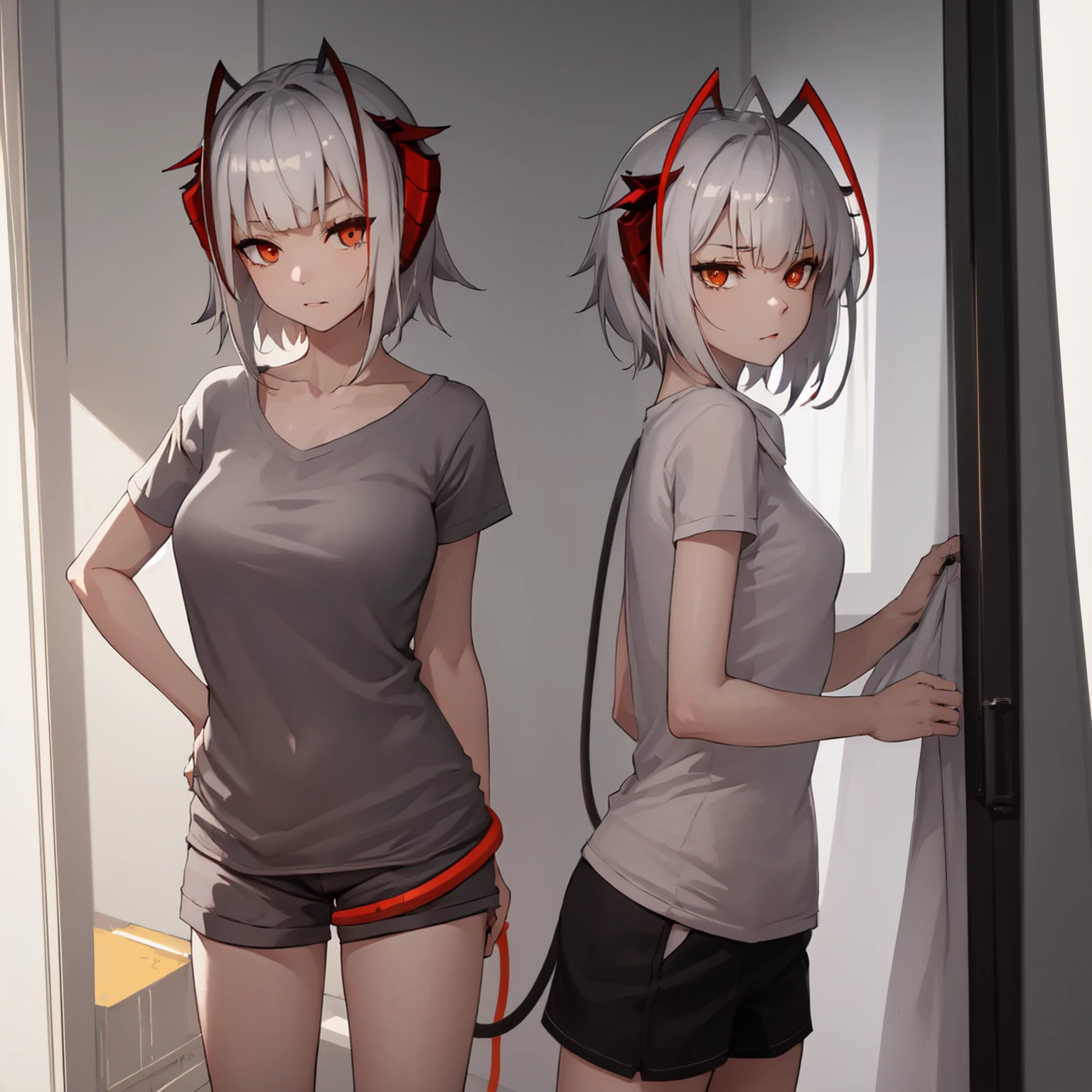 1girl, w_(arknights), solo, horns, shorts, shirt, tail, demon_horns, short_hair, grey_shirt, demon_tail, towel, notice_lines, grey_shorts, demon_girl, white_hair, border, english_text,NSFW , orange_eyes, breasts, holding, antennae, indoors, black_shirt, grey_hair, cowboy_shot, short_sleeves, medium_breasts, lamp, sketchThe image shows a girl with white hair and red horns. She is wearing a dark T-shirt and shorts, with a bag or towel slung over her shoulder. Her tail is visible behind her back. She walks down the hallway and looks at the sign that says: "YOU'RE GOING TO COME IN, TOO." The lighting on the sign stands out in yellow, attracting attention. The style of the drawing is reminiscent of anime, with an emphasis on the details and facial expression of the character.