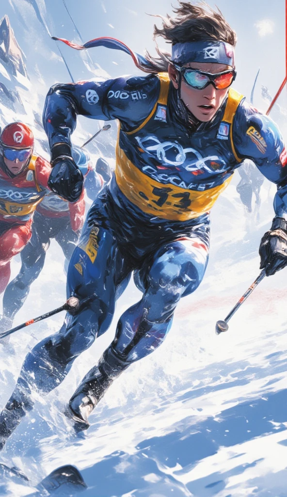 A skier sprints quickly in front of a pack. Behind the leading skier is a pack of other skiers trying to catch up. The leading skier is leaning forward, a posture that makes him sprints faster. He is very close to the viewer where his sweat can be seen. Motion blur, speed lines, and snow particles flying around to capture the intensity of the sprint's motion. The image should capture the speed and intensity of the ski sprint action.