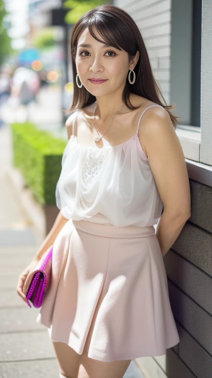 full body shot, from below,  japanese mature, 48 years old,  detailed face , Facial wrinkles, Wrinkles around the eyes, smile,  Detailed Skin Textures ,  white skin,  long hair , curvy body, (earrings,  Necklaces ,  white blouse with ruffles:1.2), (pink tulle skirt, mini skirt:1.3), ( wears high heels:1.2), (Standing on the sidewalk,  full body shot from toe to head wearing black high heels:1.2), (surrealism, best quality, ultra detailed, absolutely resolution, 8k, anatomically correct), depth of field, looking at viewer, tachi-e, (gal.safetensors), (kz), full body,  detailed face  