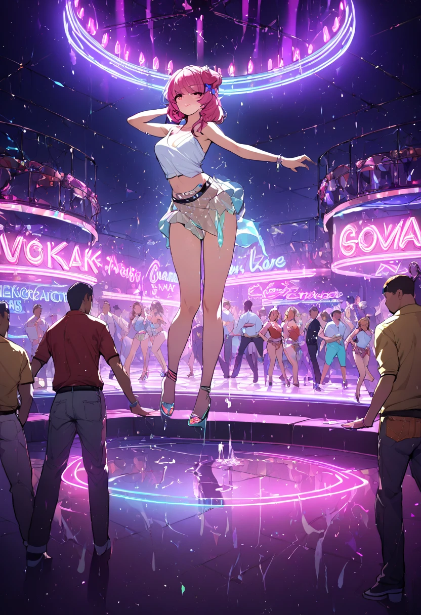 (1Girl stripper standing,  dancing pool dance at nightclub, neon lights), + (4 boys around sitting on sofa looking girl dancing, shirt open big penis out of clothes condom on penis with semen)