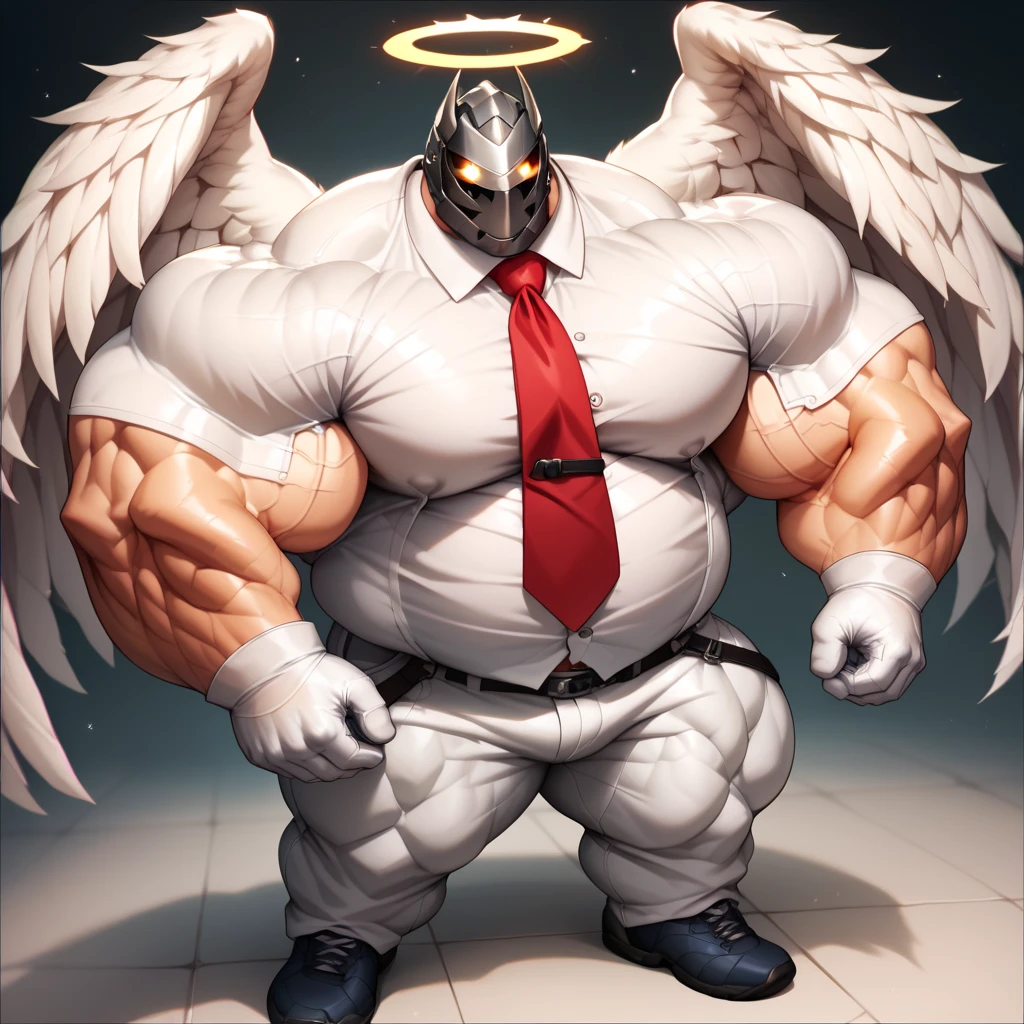 a man with a big giant musclegut tall wide body with big fat belly using white suit, white shirt, red tie, white glove, white pants, and masked that cover all of his face. Full body, standing still, solo, very big, very tall, very wide, very muscular, very fat, big belly, fat Chubby, large biceps, huge chest, huge legs, halo, angel wings, glowing eyes.