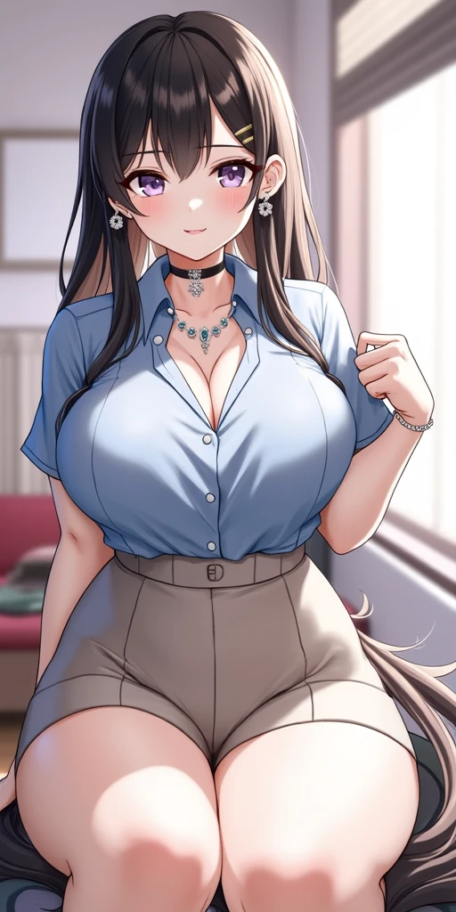 dark hair in a high ponytail, crystal blue eyes, open mouth, horny 25 years old, playfully horny,  busty, cleavage, blouse unbuttoned , skirt, standing, coy smile with open parted lips, (blushing:1.3), looking invitingly at the viewer, seductive eyes, facing the viewer, livingroom background, leaning forward in a doorway, (pov), glowing eyes, necklace, earrings, nsfw, 