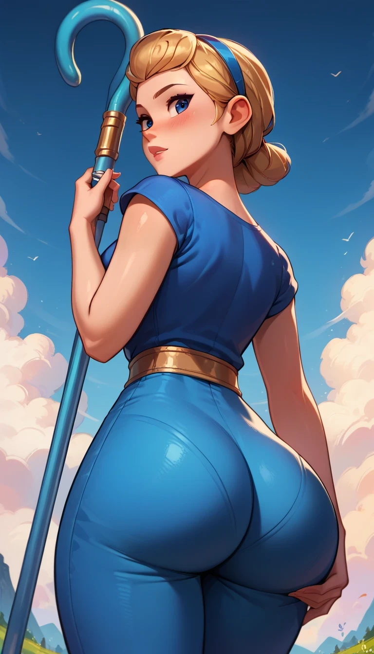 Betty, shorth hair, looking ahead at viewer, Blue simple shirt, dynamic angle, cowboy shot, blue simple pants, epic pose, ssmile, blush, bangss, blue staff, BIG ASS, plein-air, detailed back ground, cinematic, sky, clouds, best qualityer