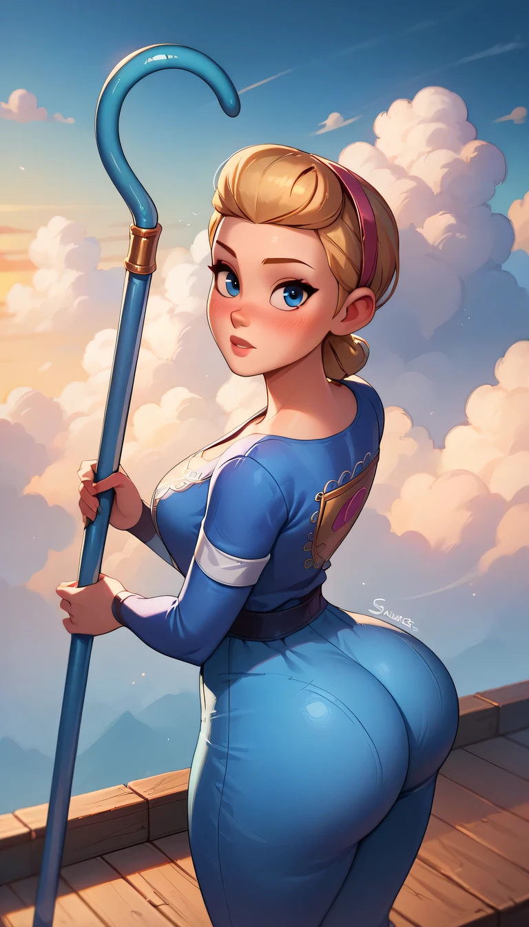 Betty, shorth hair, looking ahead at viewer, Blue simple shirt, dynamic angle, cowboy shot, blue simple pants, epic pose, ssmile, blush, bangss, blue staff, BIG ASS, plein-air, detailed back ground, cinematic, sky, clouds, best qualityer