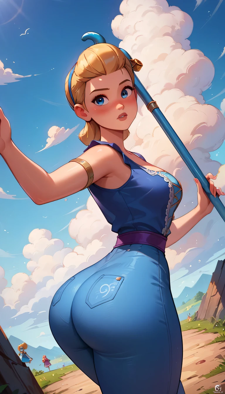 Betty, shorth hair, looking ahead at viewer, Blue simple shirt, dynamic angle, cowboy shot, blue simple pants, epic pose, ssmile, blush, bangss, blue staff, BIG ASS, plein-air, detailed back ground, cinematic, sky, clouds, best qualityer