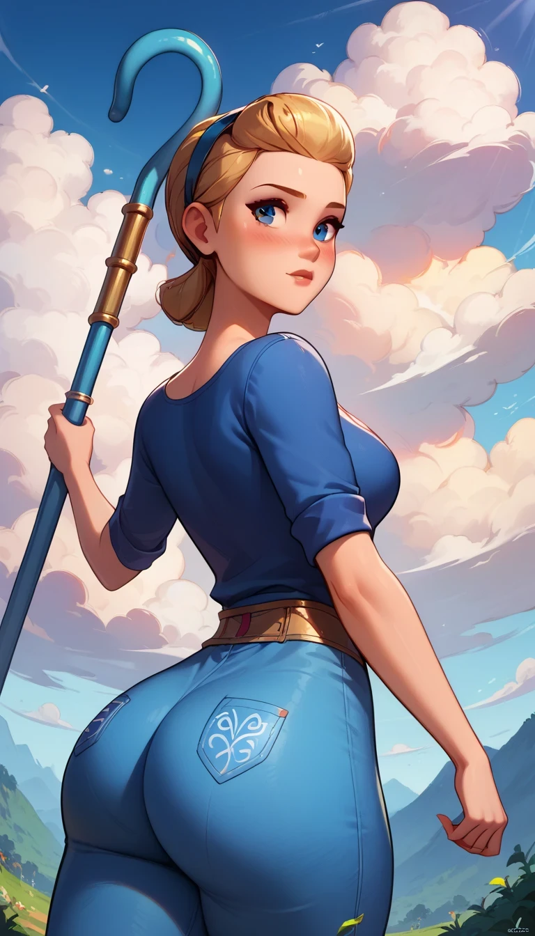 Betty, shorth hair, looking ahead at viewer, Blue simple shirt, dynamic angle, cowboy shot, blue simple pants, epic pose, ssmile, blush, bangss, blue staff, BIG ASS, plein-air, detailed back ground, cinematic, sky, clouds, best qualityer